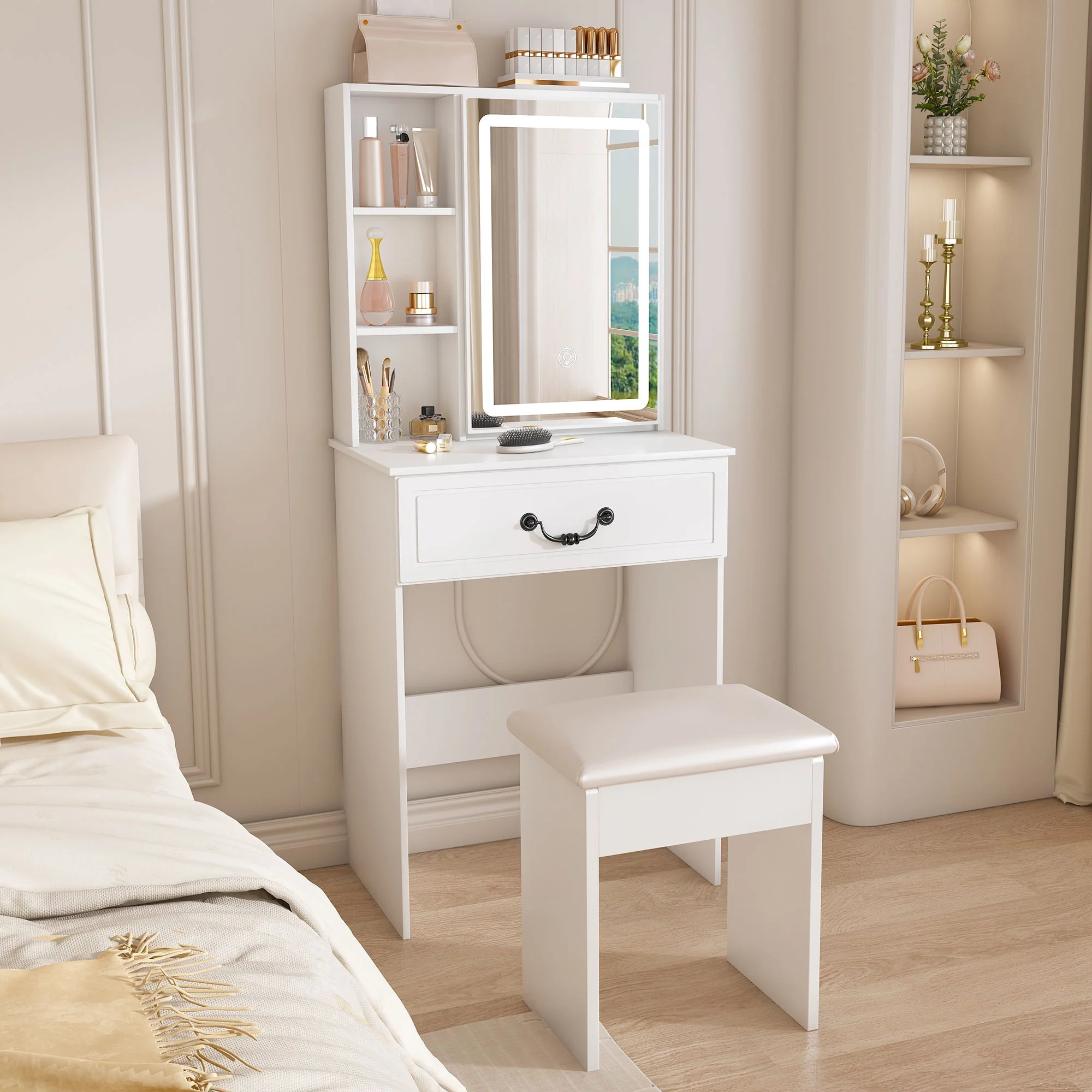 Modern Mini Dressing Table With Led-Lit Mirror & Hidden Storage, Adjustable Brightness Vanity Desk - White - Image 3