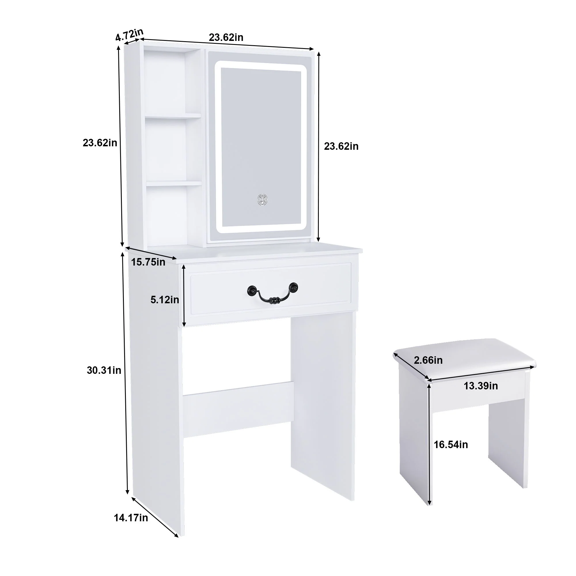 Modern Mini Dressing Table With Led-Lit Mirror & Hidden Storage, Adjustable Brightness Vanity Desk - White - Image 4