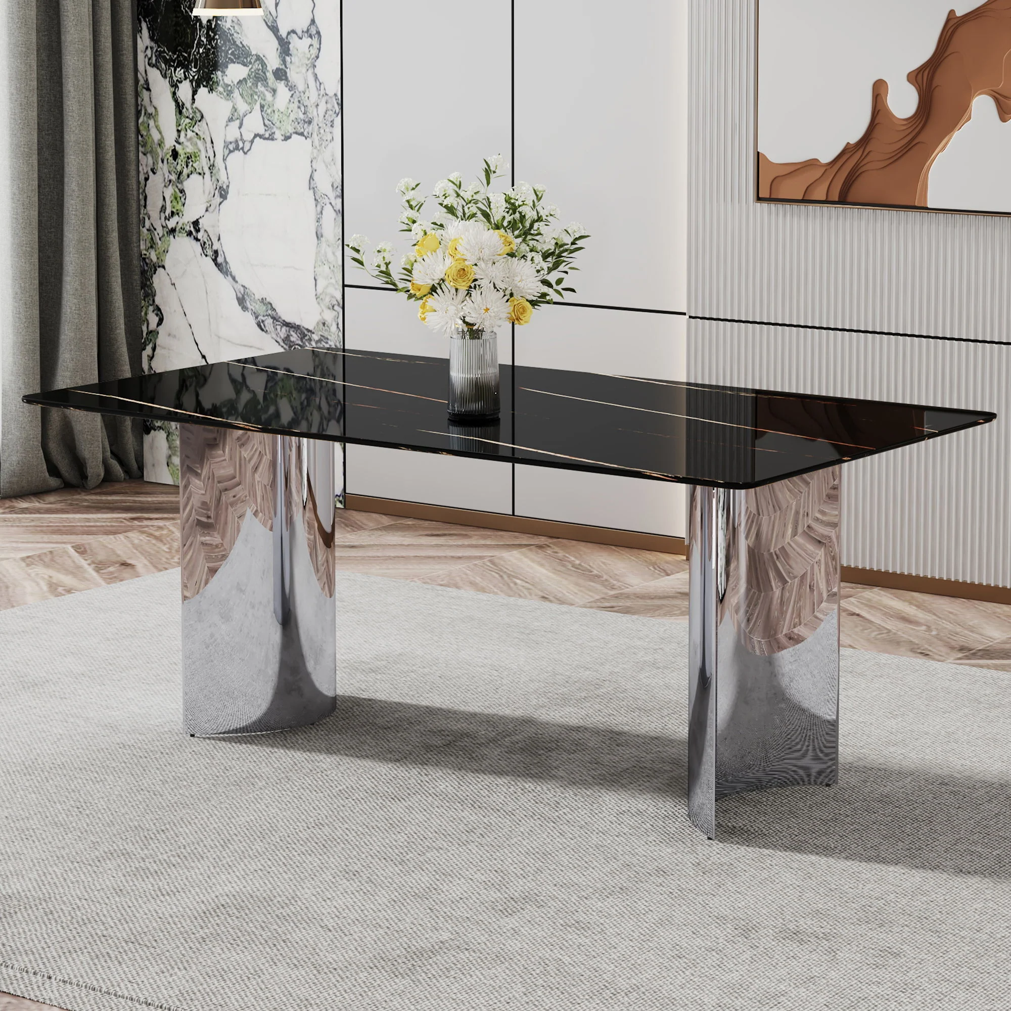 Modern Minimalist Dining Table With Imitation Marble Glass Desktop And Metal Legs - Image 8
