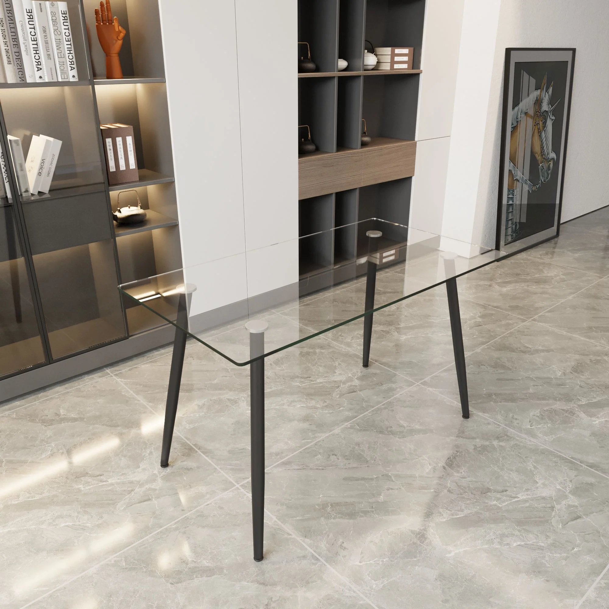 Modern Minimalist Rectangular Glass Dining Table With Tempered Glass Top Metal Legs, For 4 - 6 - Transparent - Image 2