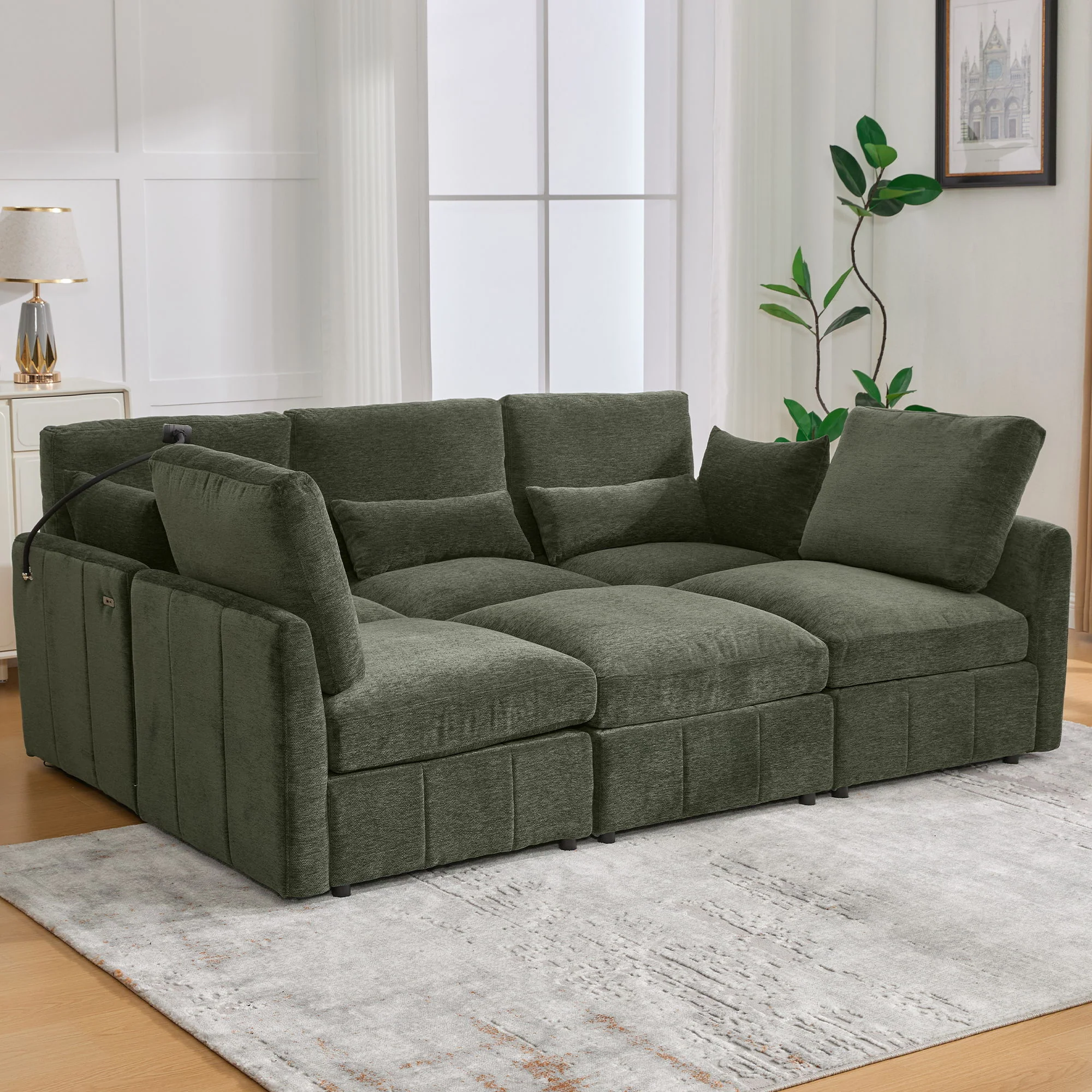 Modern Modular U-Shaped Sofa Bed With Movable Ottoman, USB Ports, Phone Holder - Image 11