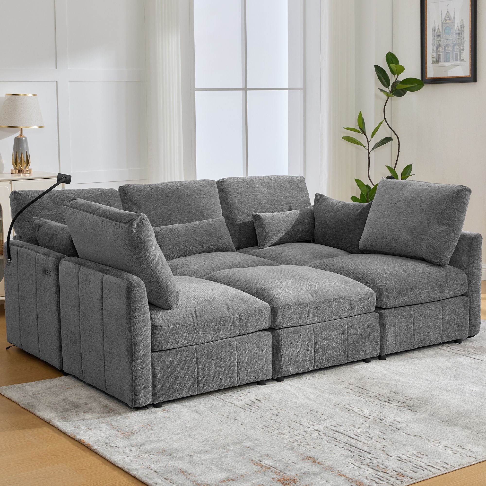 Modern Modular U-Shaped Sofa Bed With Movable Ottoman, USB Ports, Phone Holder - Image 6
