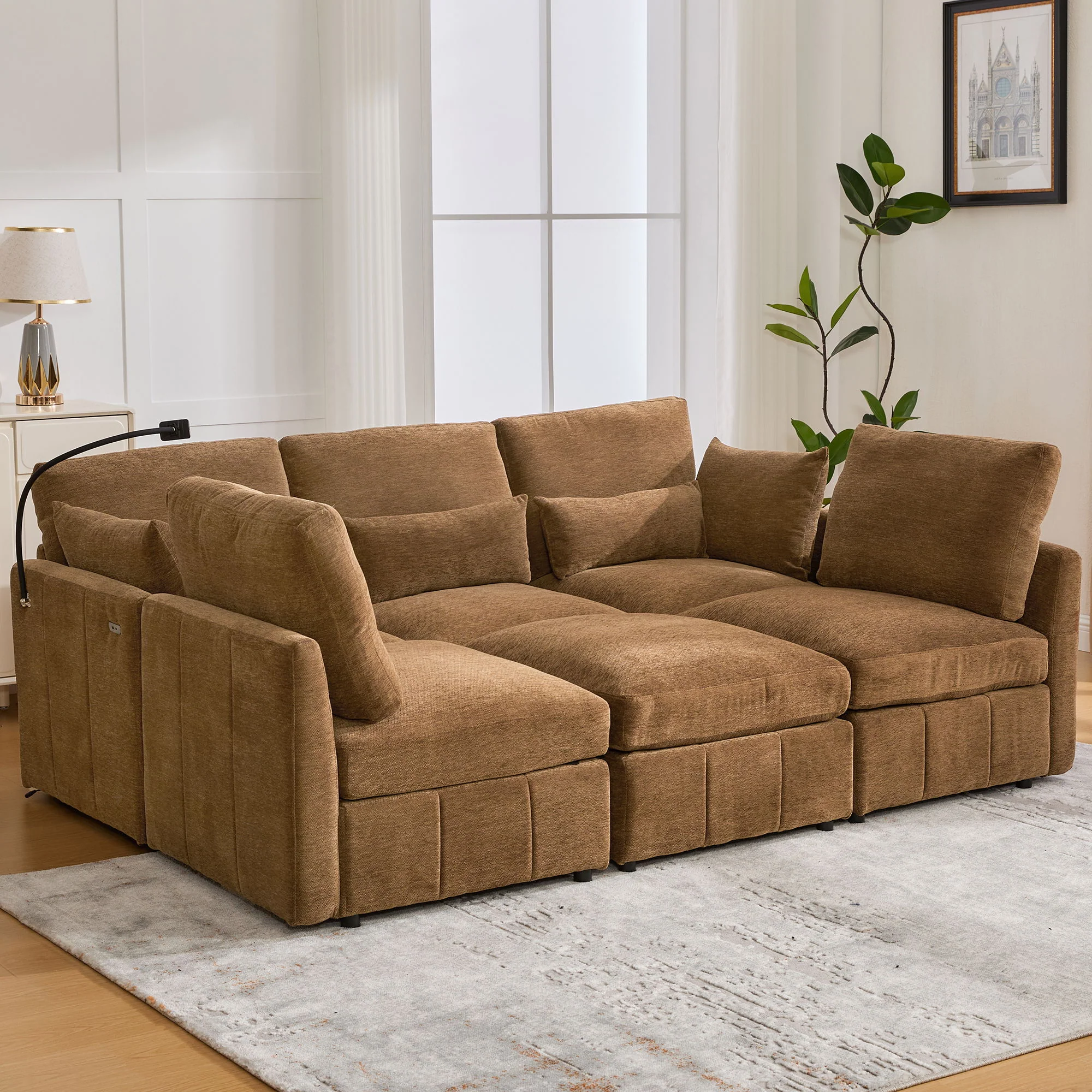 Modern Modular U-Shaped Sofa Bed With Movable Ottoman, USB Ports, Phone Holder - Image 9