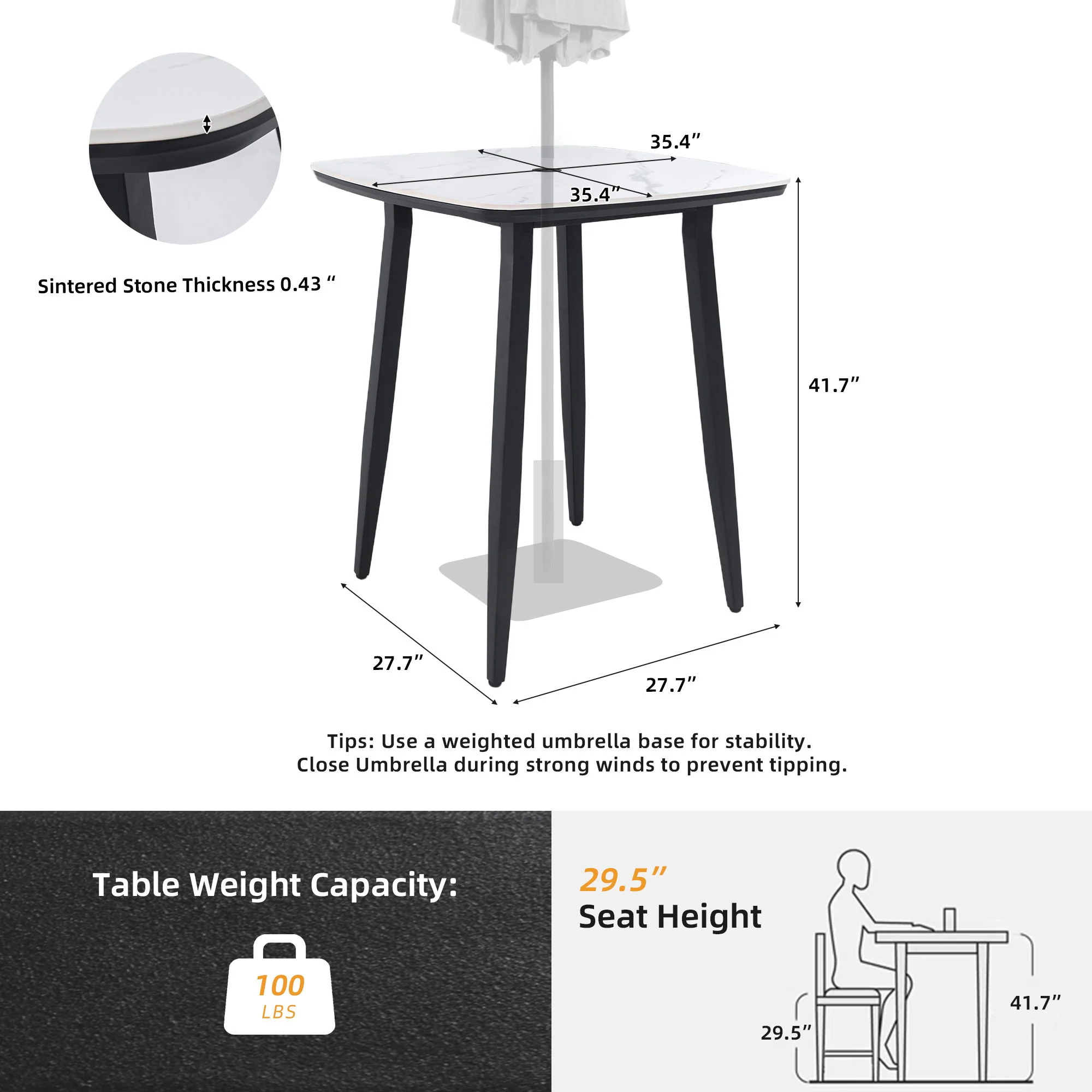 Outdoor Bar Table, Rounded Square Sintered Stone Top With Umbrella Hole, Rust Free Frame, Weatherproof - Ember Black / White - Image 2