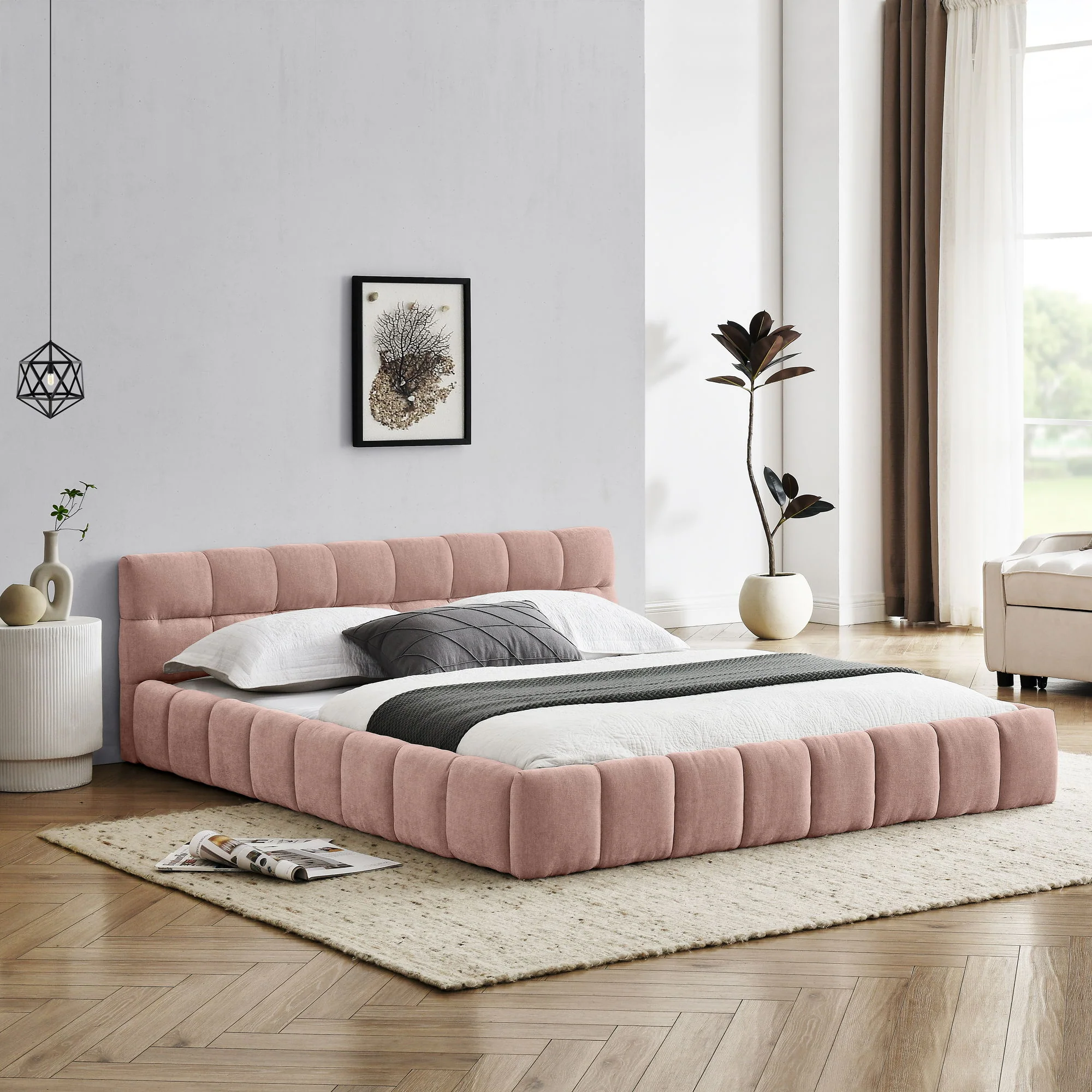 Modern Platform Bed Frame With Thick Fabric - Image 28