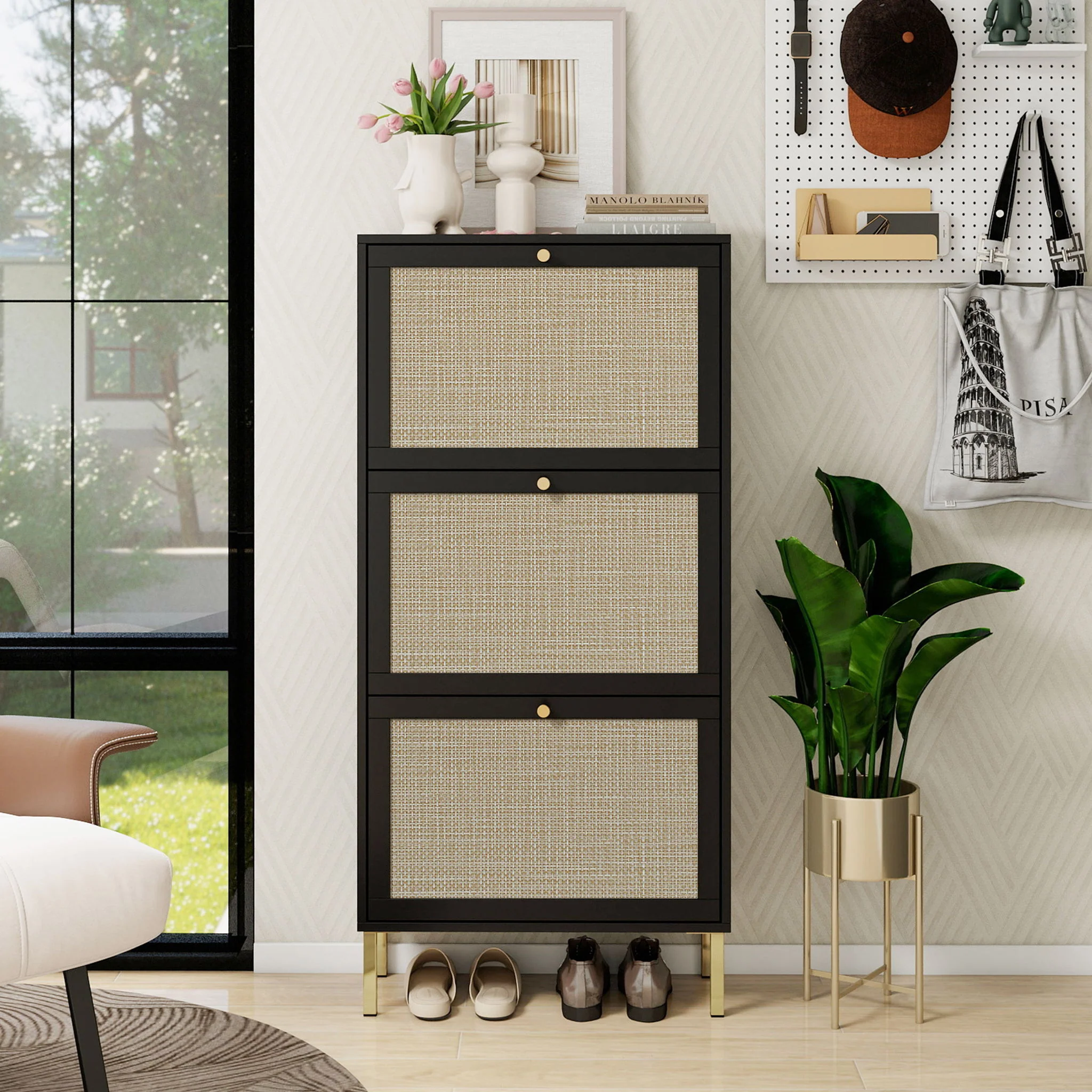 Modern Rattan 3 Door Shoe Rack Cabinet For Entryway - Image 8