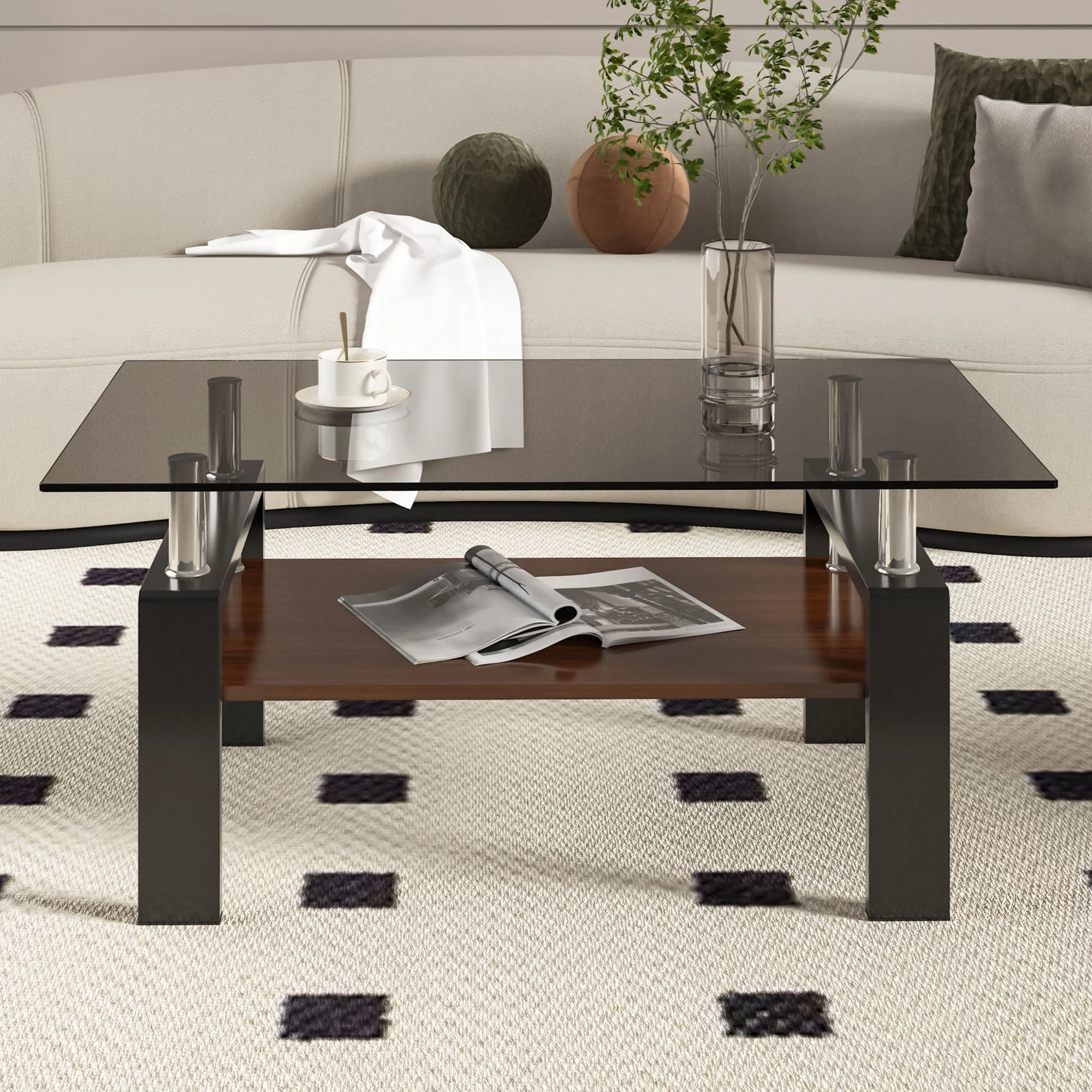 Modern Rectangular Coffee Table With Tempered Transparent Glass Top And Storage Shelf - Image 13