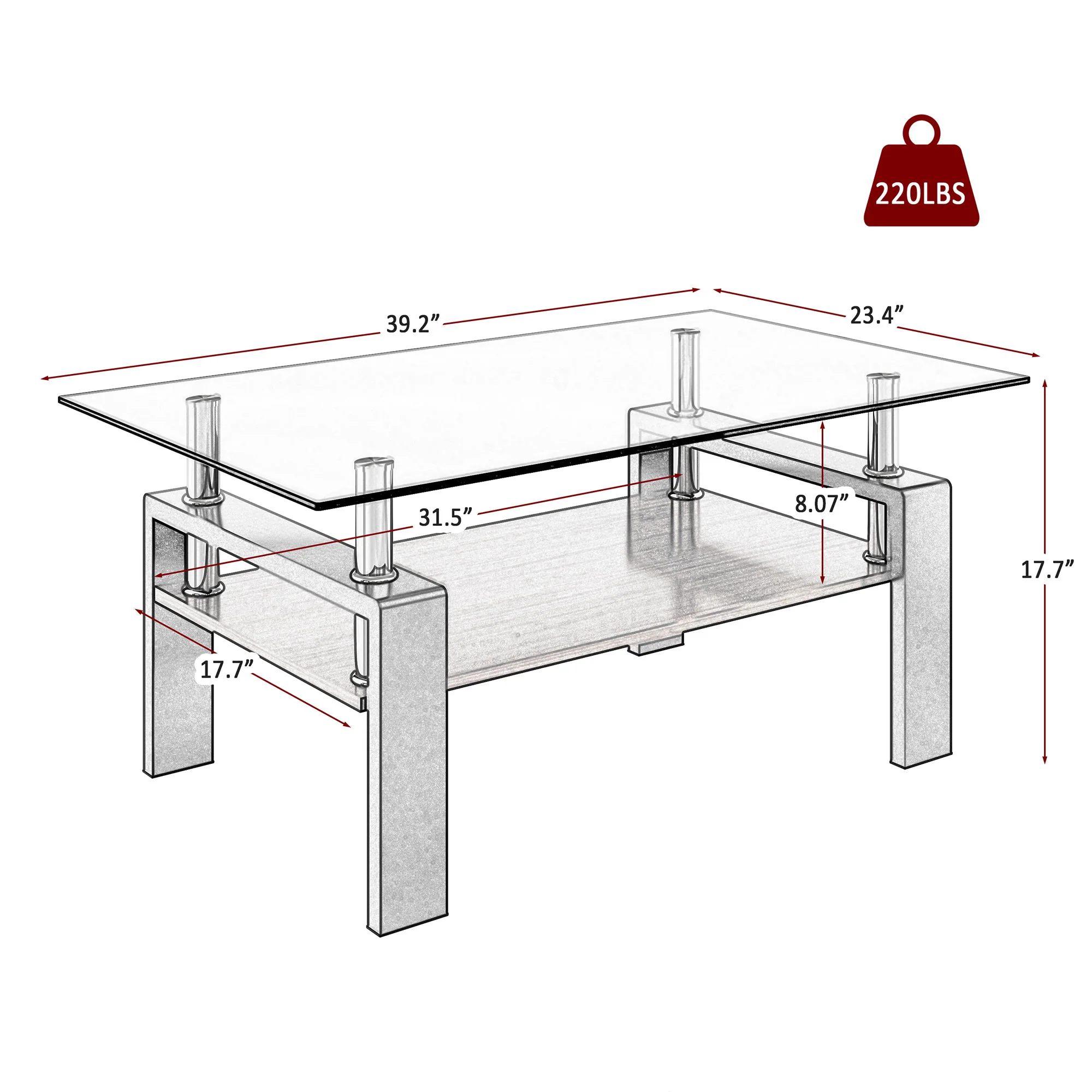Modern Rectangular Coffee Table With Tempered Transparent Glass Top And Storage Shelf - Image 14