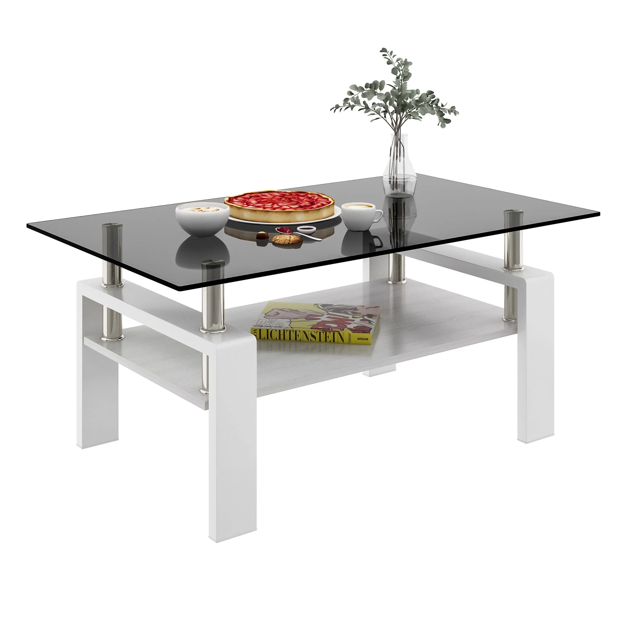 Modern Rectangular Coffee Table With Tempered Transparent Glass Top And Storage Shelf - Image 4