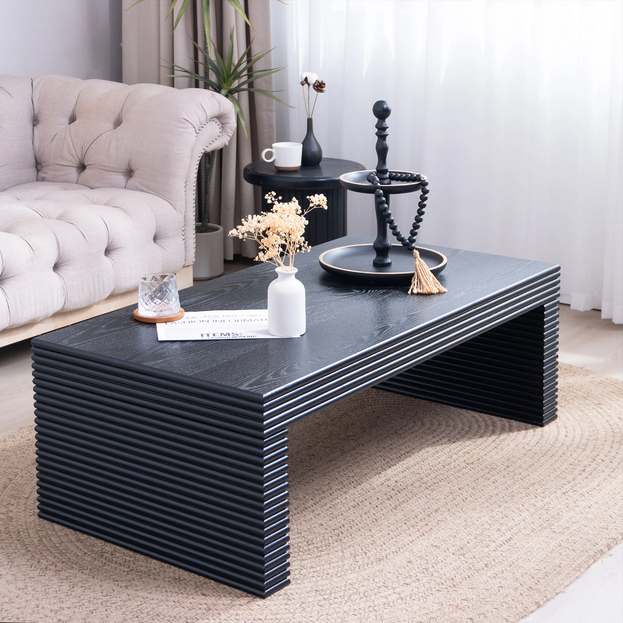 Modern Ribbed Coffee Table, Rectangular Low Profile Center Table For Living Room - Black - Image 2