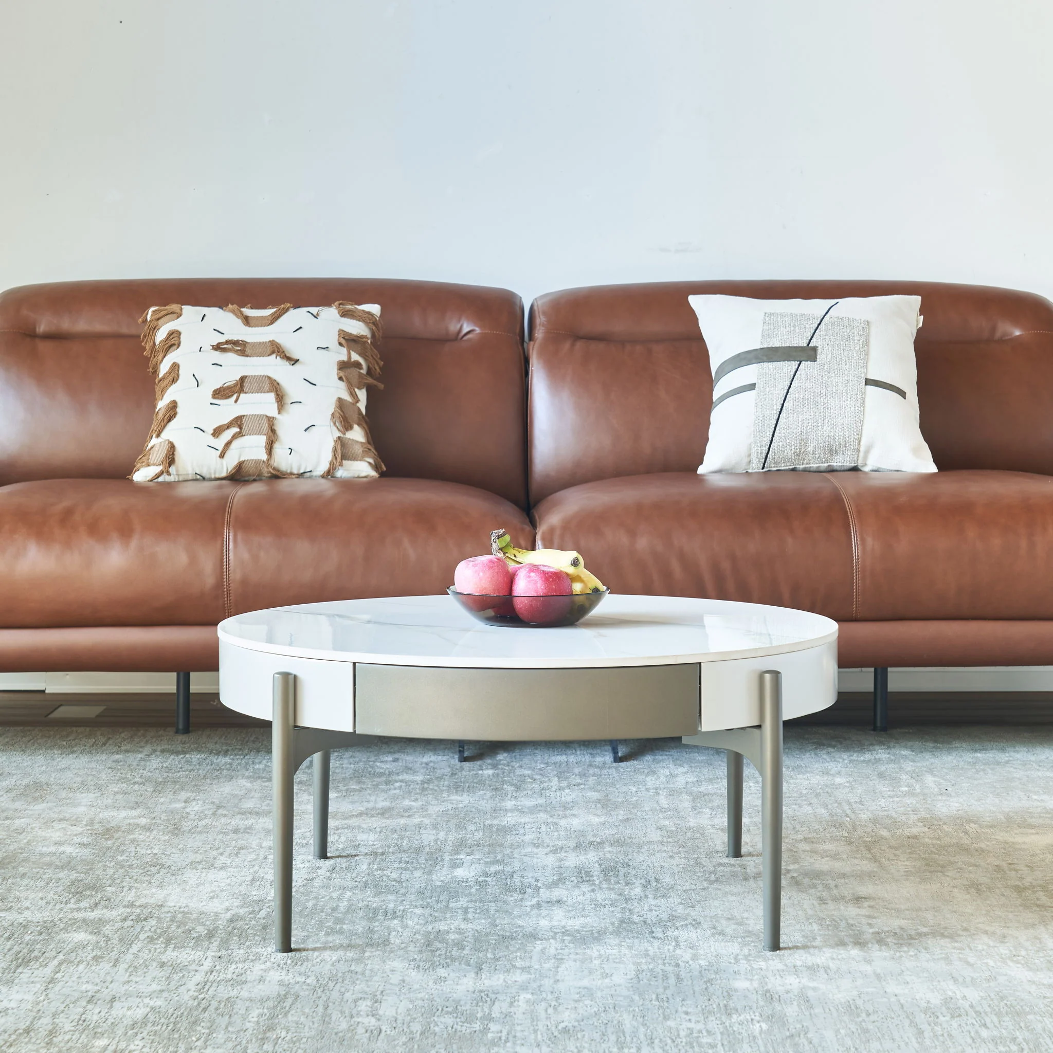 Modern Round Coffee Table With Storage Drawers Handcrafted Ceramic Inlay Tabletop 2 Tone Wood Legs Scandinavian Living Room Center Table - White / Gray - Image 3