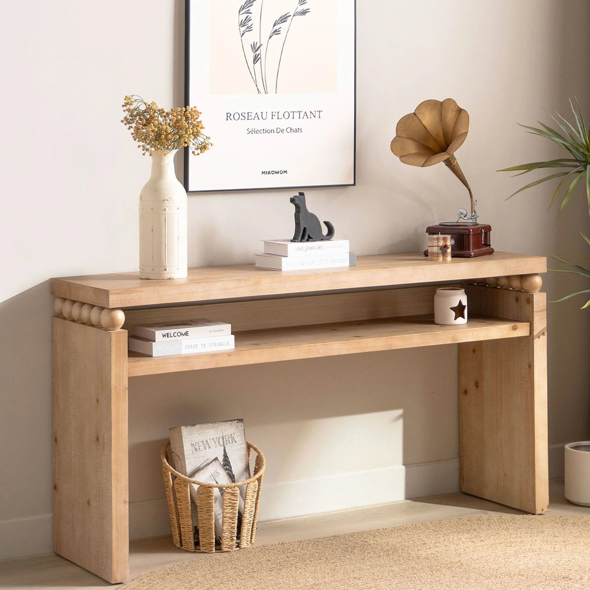 Modern Rustic Console Table, Wood Entryway Table With Shelf & Decorative Bead Detail - Natural - Image 3