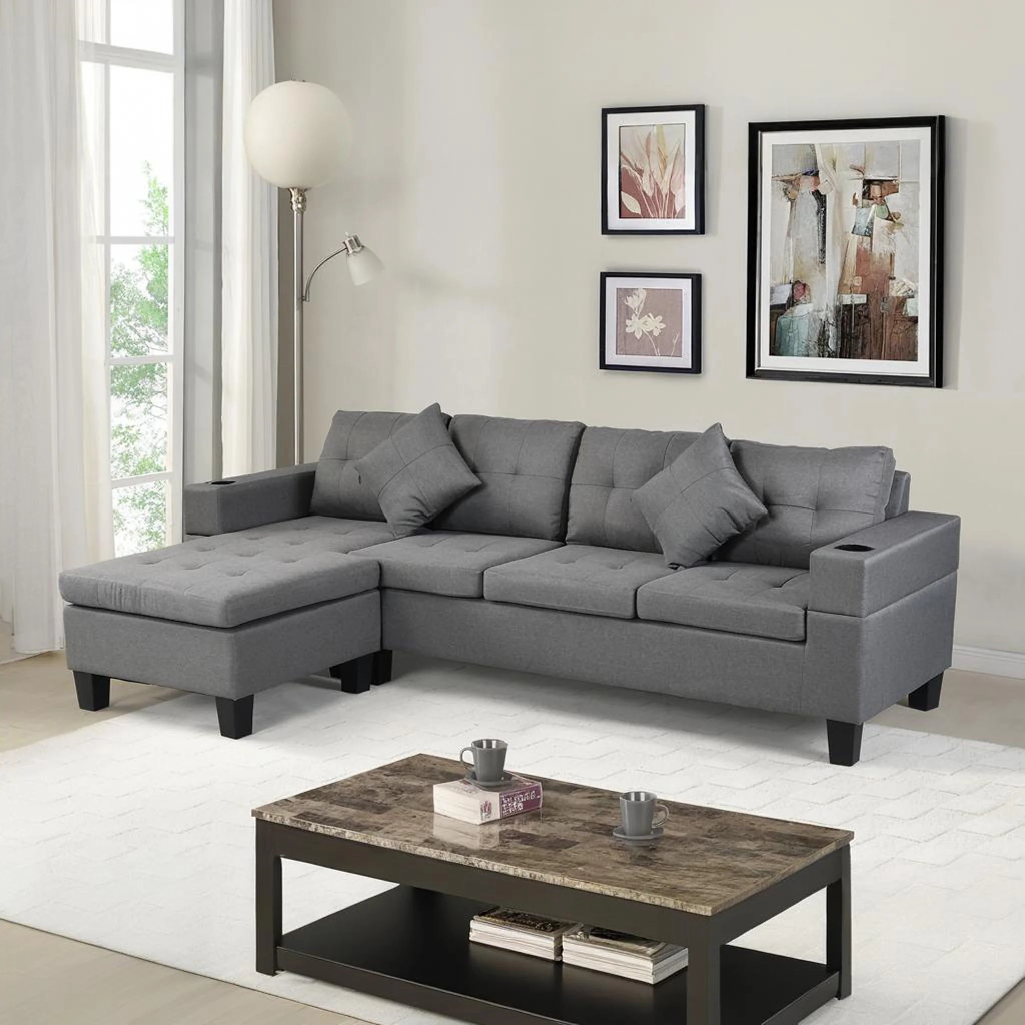 Modern Sectional Sofa Set With L Shape Chaise Lounge, Cup Holder, 4 Seat - Gray - Image 2