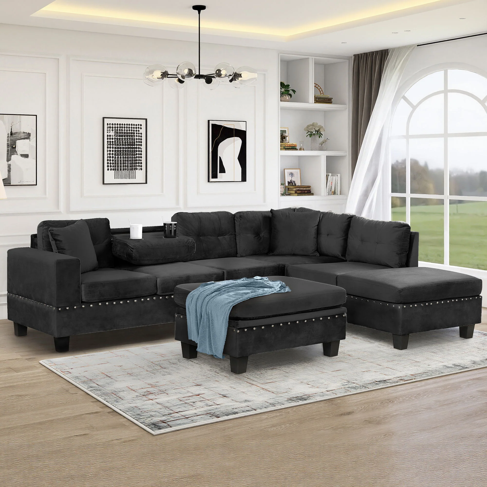 Modern Sectional Sofa With Storage Ottoman, L - Shape Couch With 2 Pillows And Cup Holders - Image 7