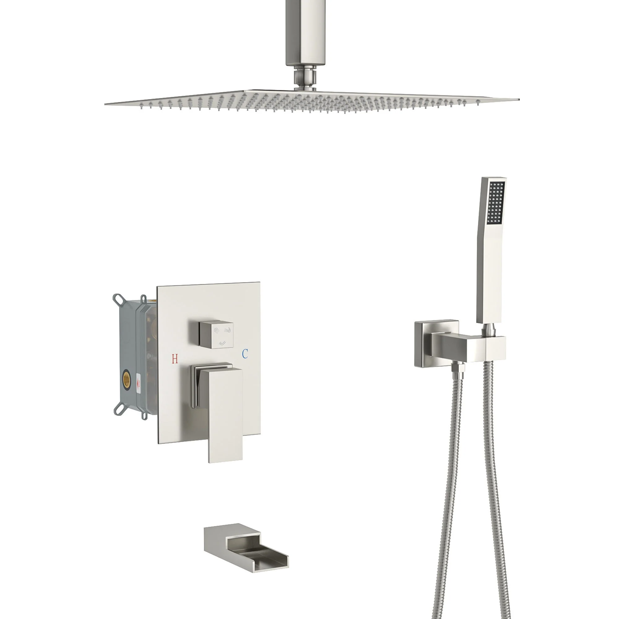 Modern Shower System With Waterfall Tub Spout, 12" Ceiling Mount Square Shower - Image 2