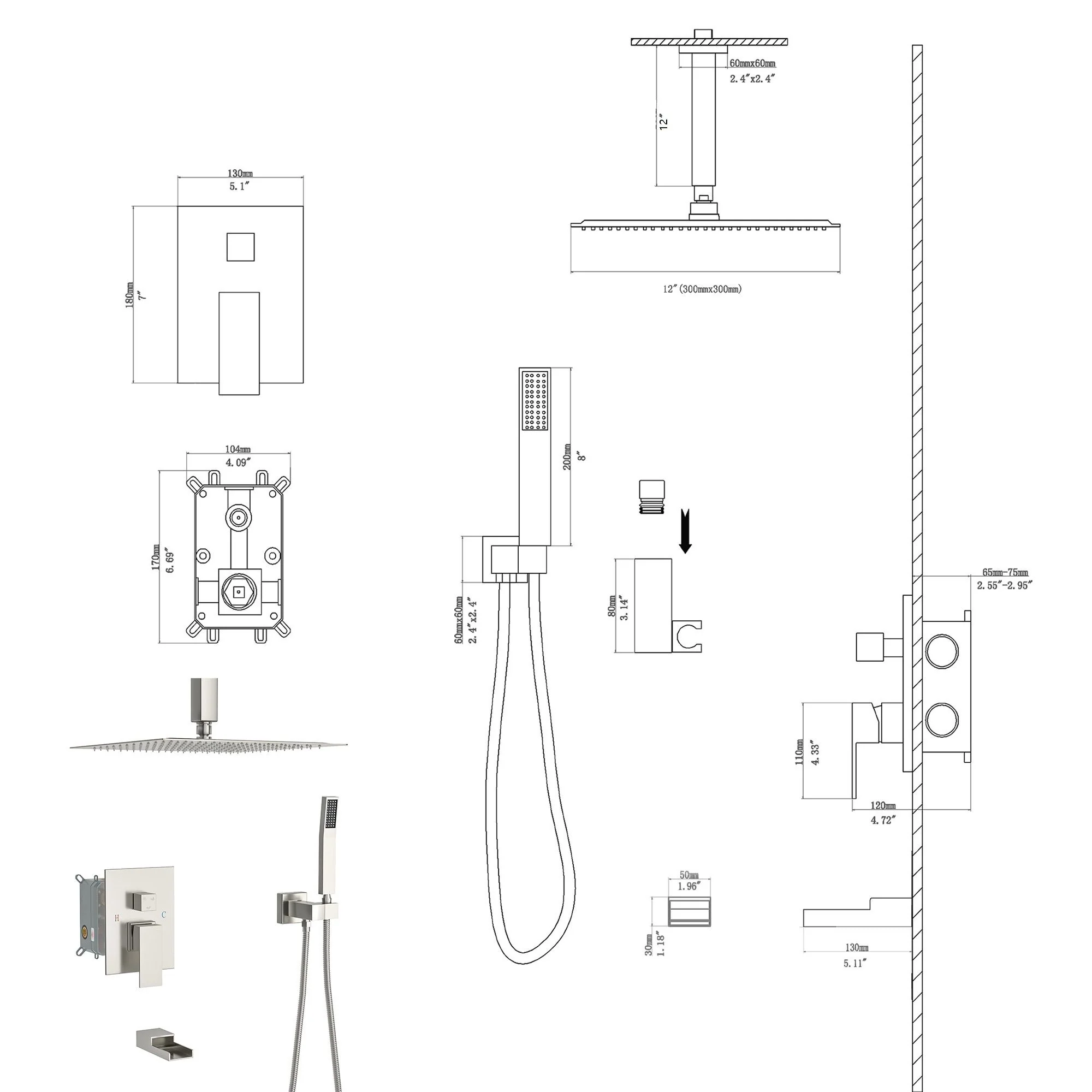 Modern Shower System With Waterfall Tub Spout, 12" Ceiling Mount Square Shower - Image 7