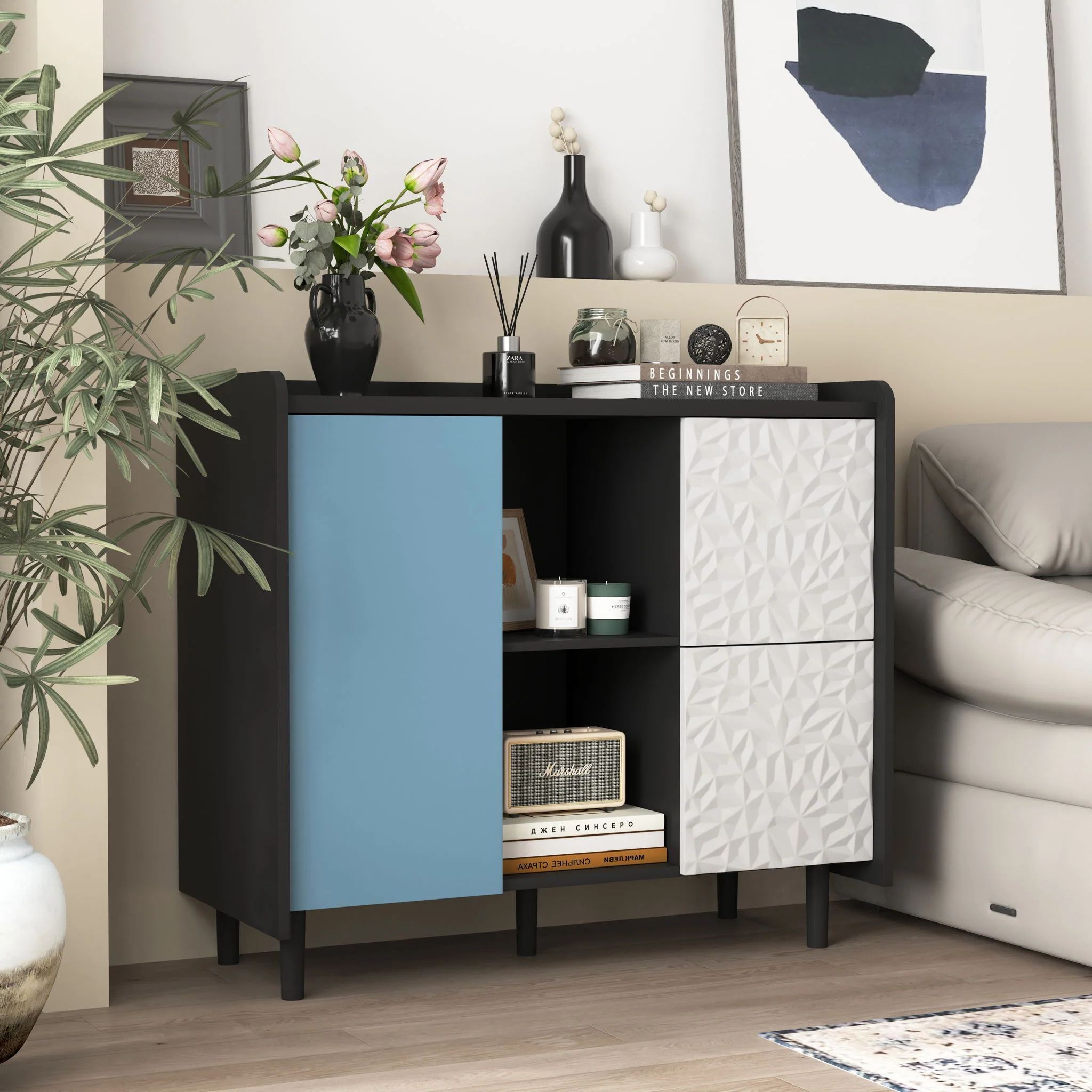 Modern Sideboard Buffet Cabinet With Doors And Unique Panel Styling - Image 12