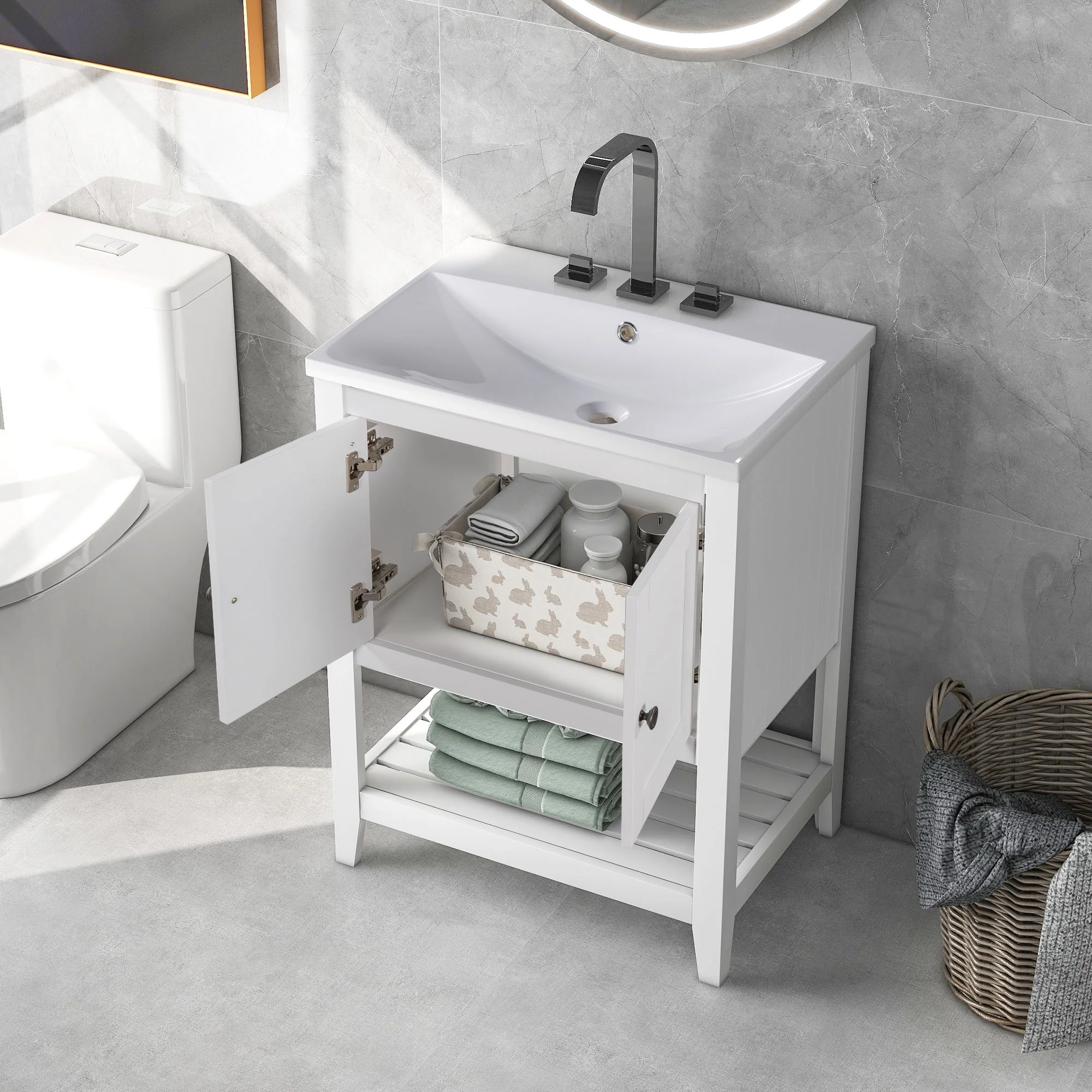 Modern Sleek Bathroom Vanity Elegant Ceramic Sink With Solid Wood Frame Open Style Shelf - White - Image 2