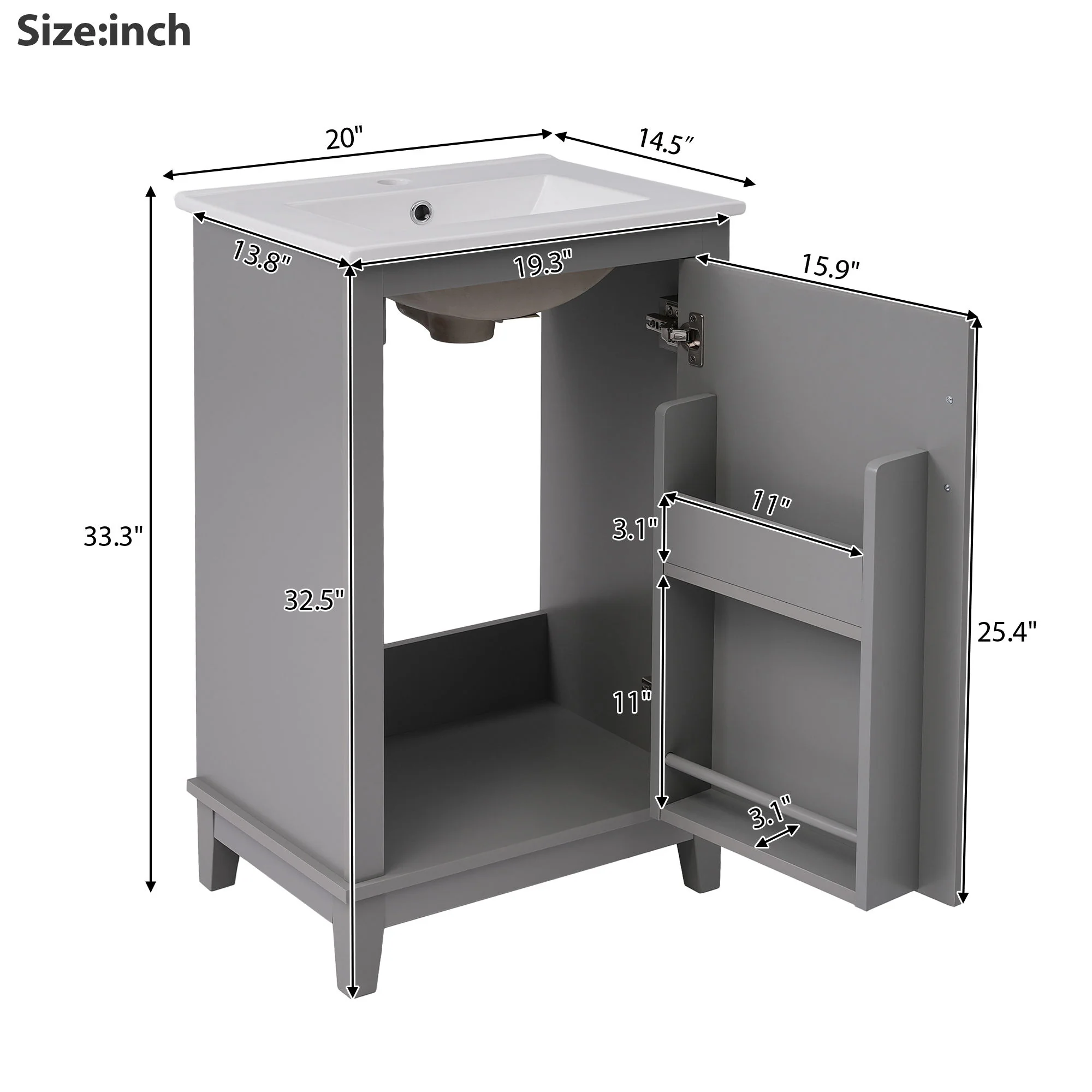 Modern Small Bathroom Vanity Cabinet With Ceramic Basin, Ample Storage, 1 Soft Close Door - Image 12