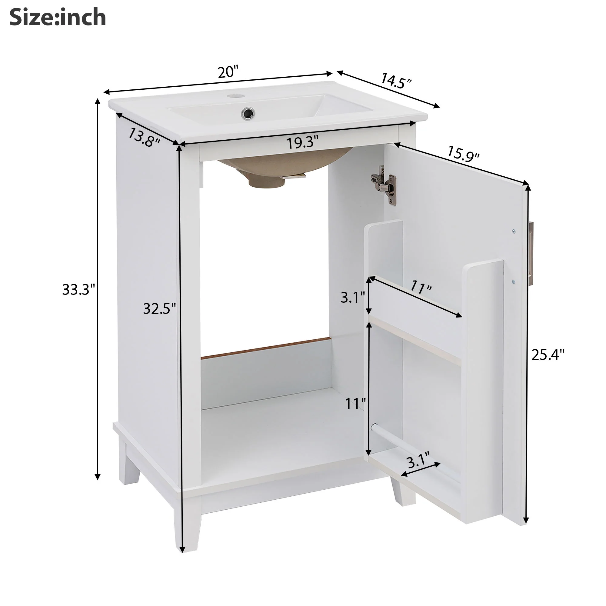 Modern Small Bathroom Vanity Cabinet With Ceramic Basin, Ample Storage, 1 Soft Close Door - Image 15