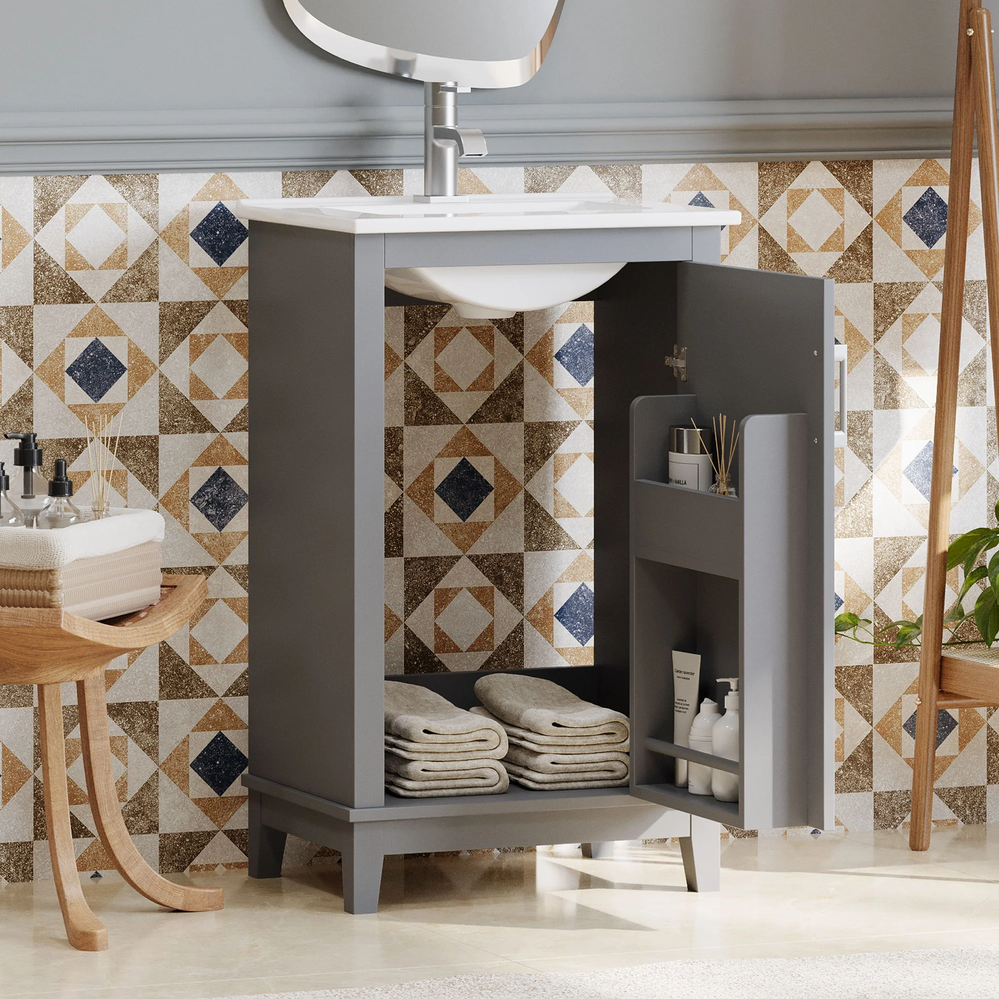 Modern Small Bathroom Vanity Cabinet With Ceramic Basin, Ample Storage, 1 Soft Close Door - Image 8