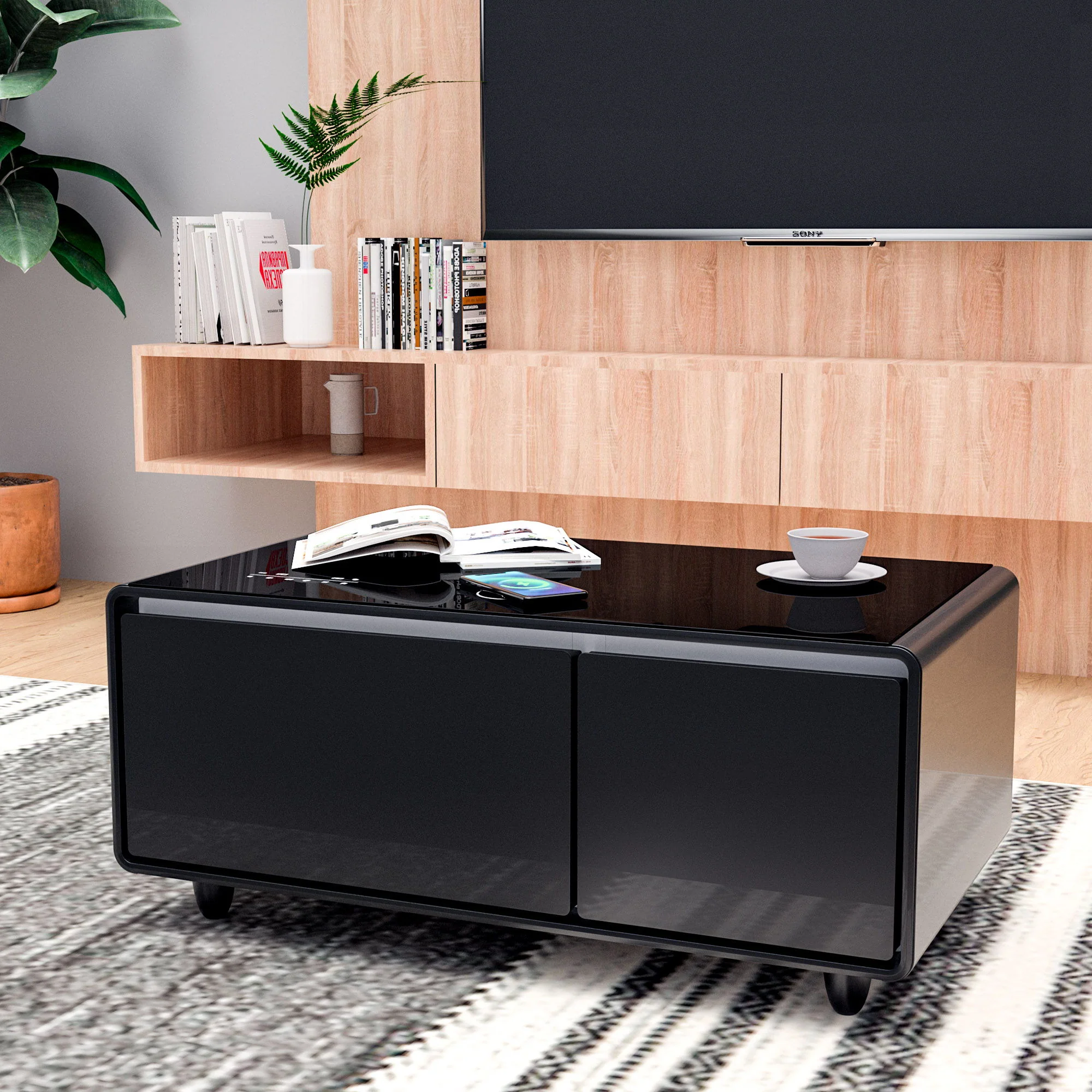 Modern Smart Coffee Table With Built-In Fridge - tooth Speaker, Wireless Charging, Touch Control Panel, USB Interface, Outlet Protection, Atmosphere Light - Image 6