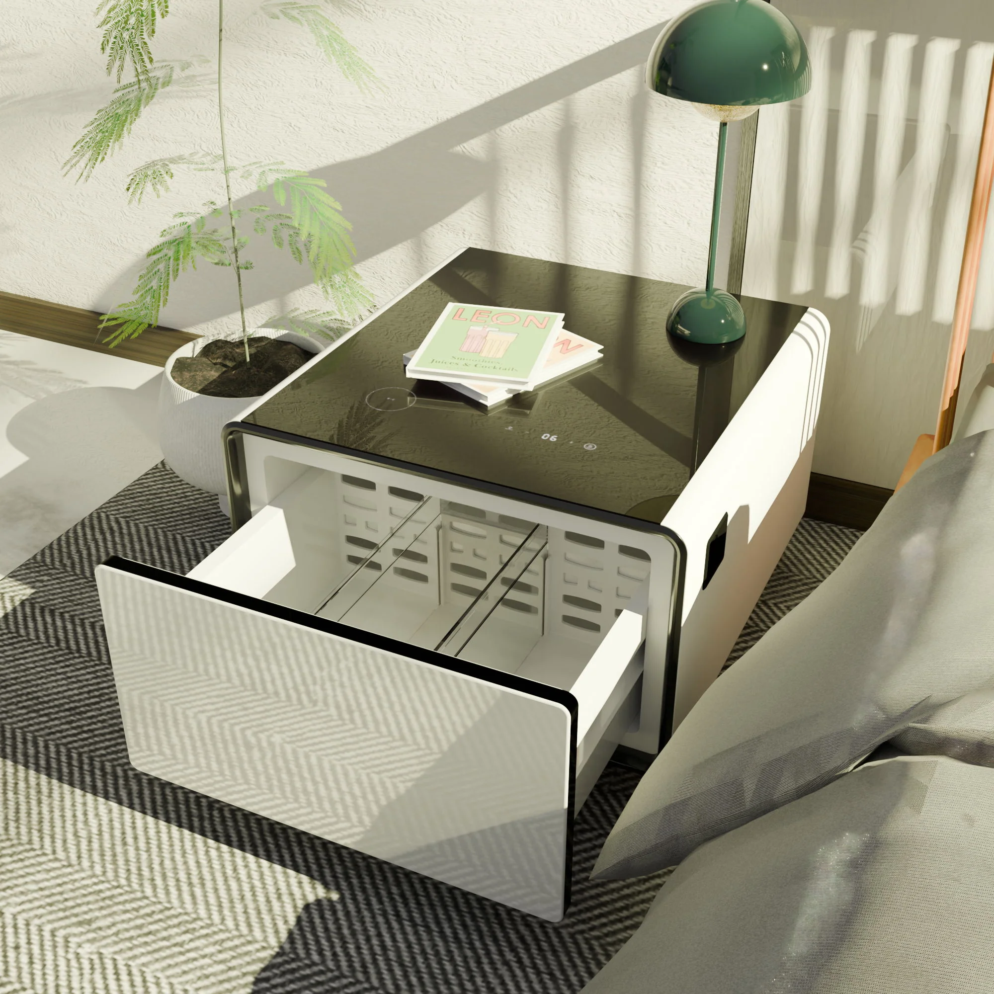 Modern Smart Side Table With Built-In Fridge, Wireless Charging, Temperature Control, Power Socket, USB Ports, Outlet Protection, Induction Light - Image 2