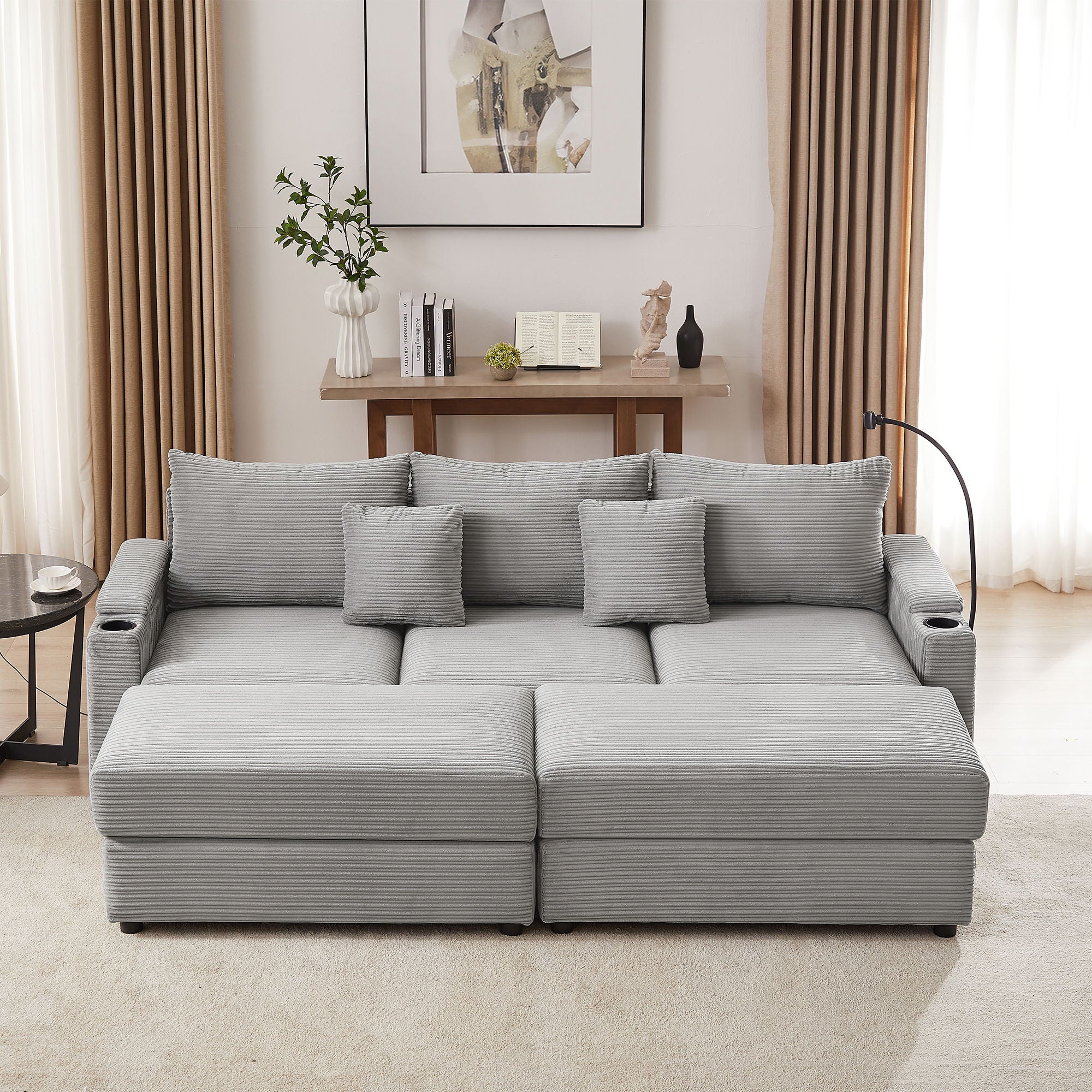 Modern Style Loveseat Sofa Sectional Sofa Couch With Storage Space, A Movable Ottoman, Two USB Ports, Two Cup Holders, A Phone Holder For Living Room - Image 11