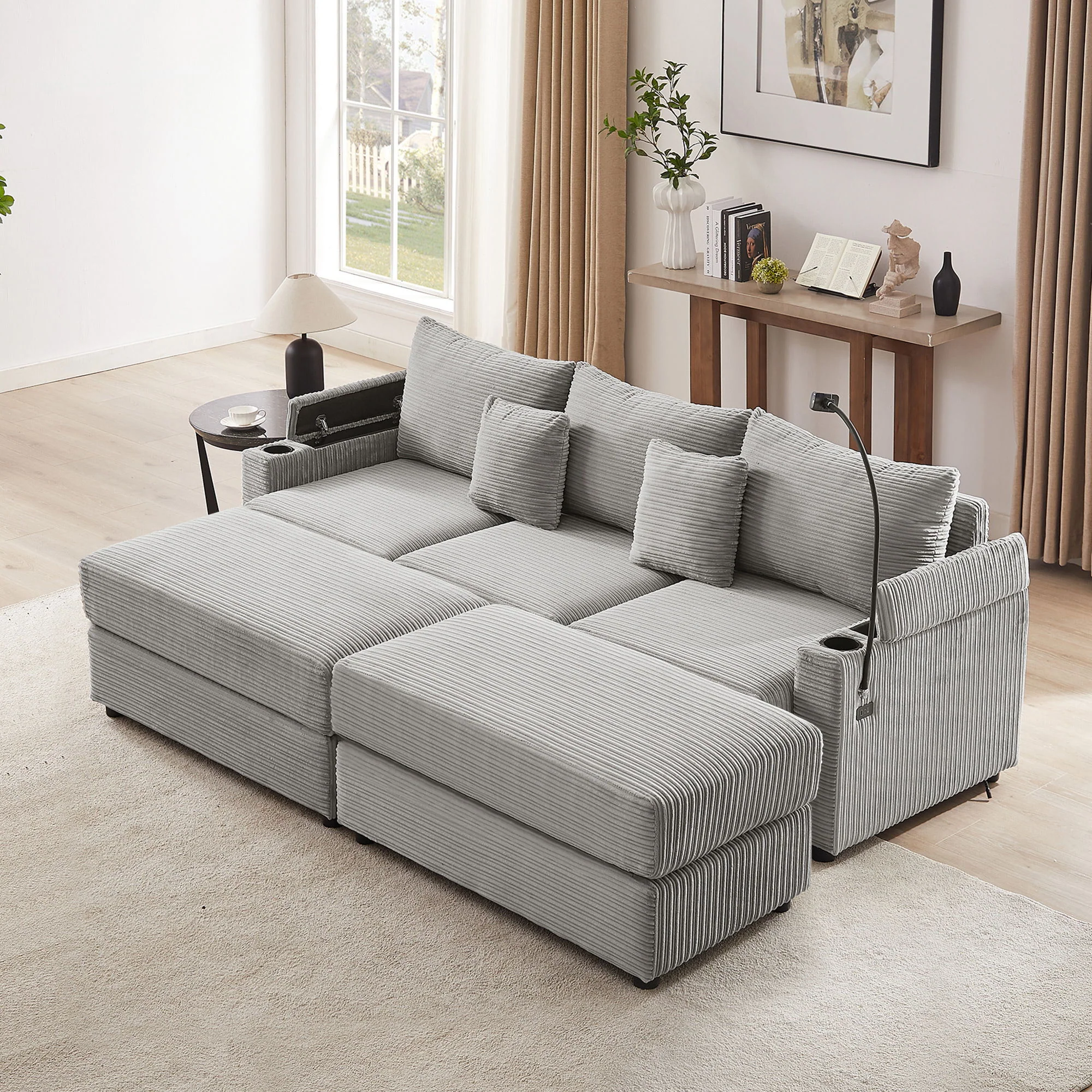 Modern Style Loveseat Sofa Sectional Sofa Couch With Storage Space, A Movable Ottoman, Two USB Ports, Two Cup Holders, A Phone Holder For Living Room - Image 12
