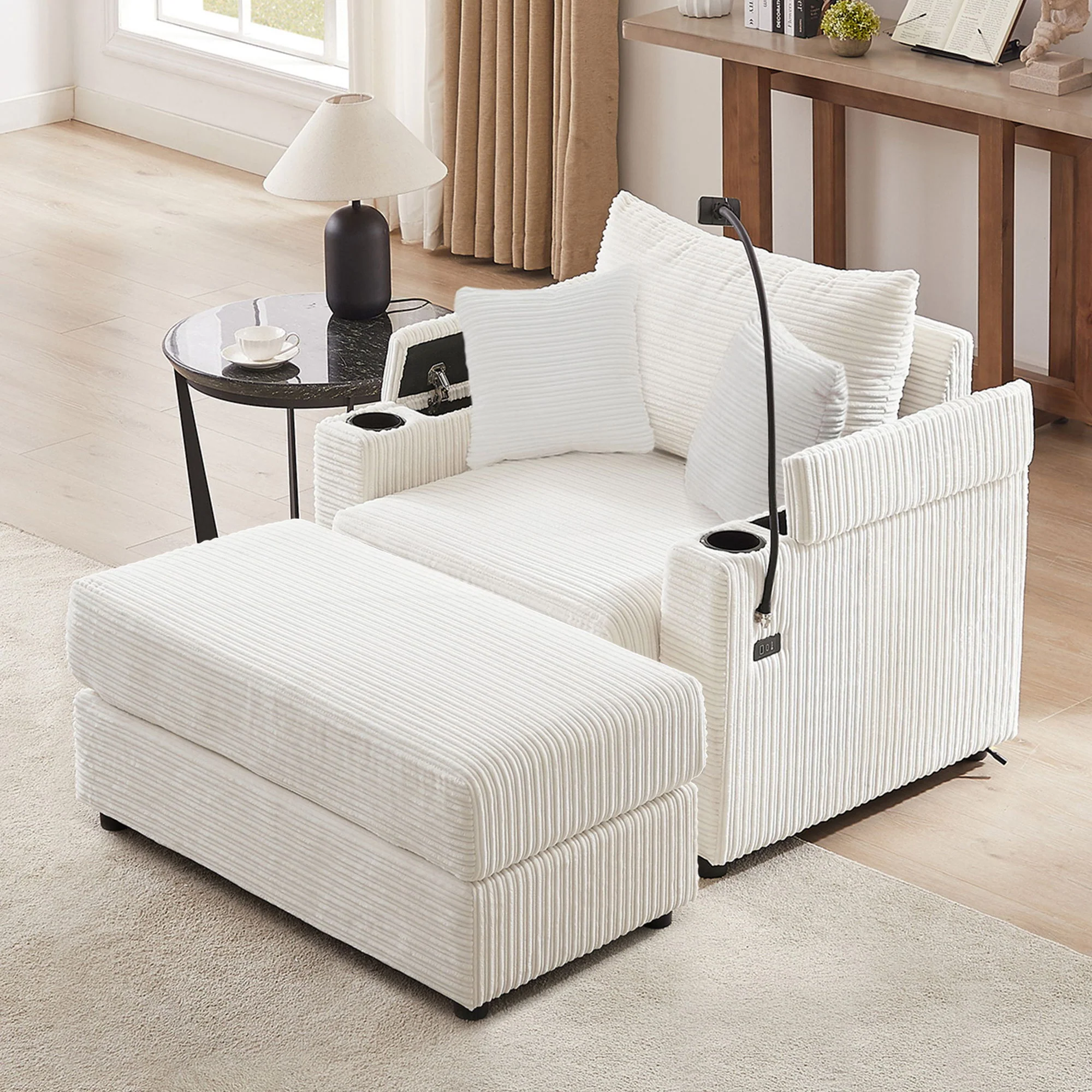 Modern Style Loveseat Sofa Sectional Sofa Couch With Storage Space, A Movable Ottoman, Two USB Ports, Two Cup Holders, A Phone Holder For Living Room - Image 16