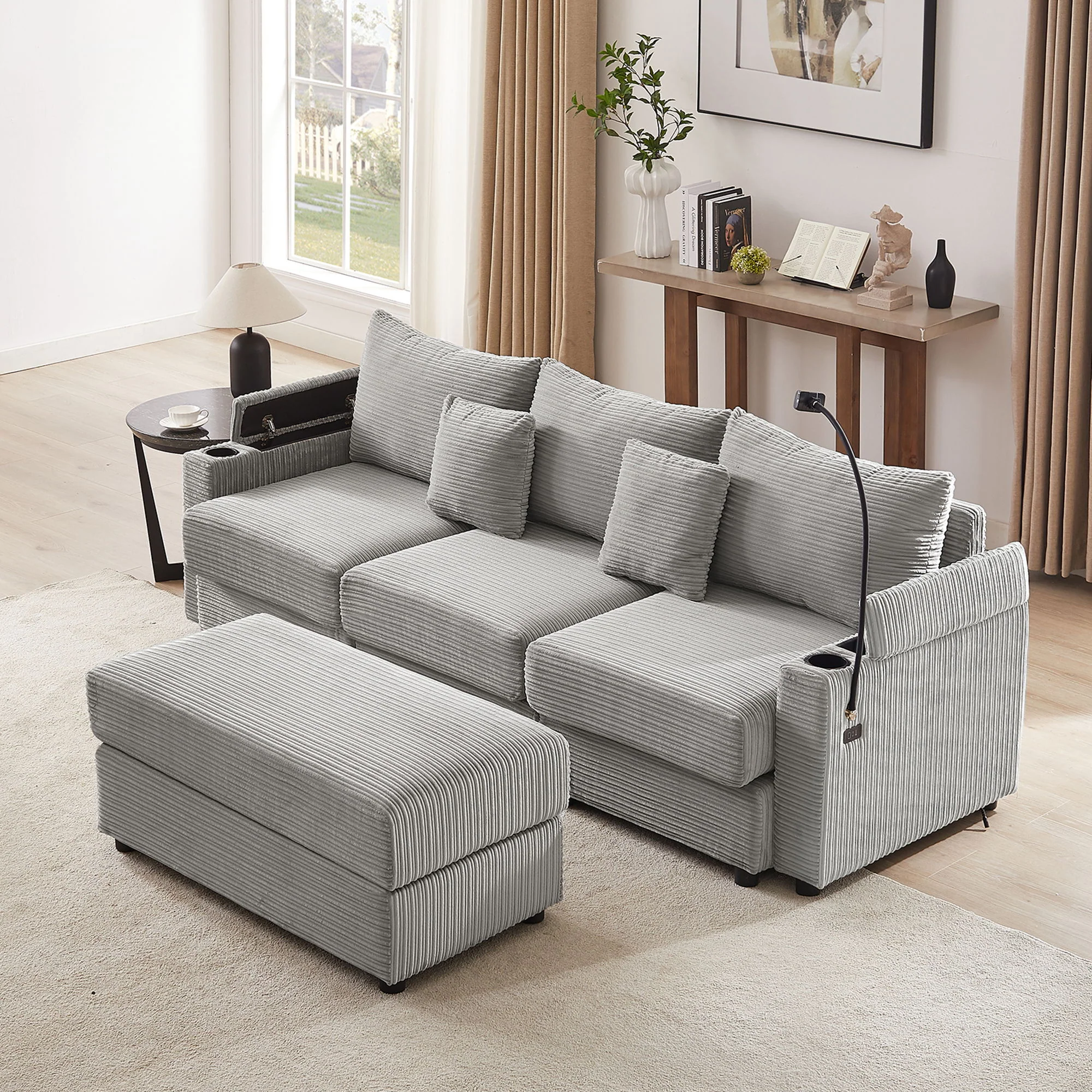 Modern Style Loveseat Sofa Sectional Sofa Couch With Storage Space, A Movable Ottoman, Two USB Ports, Two Cup Holders, A Phone Holder For Living Room - Image 17