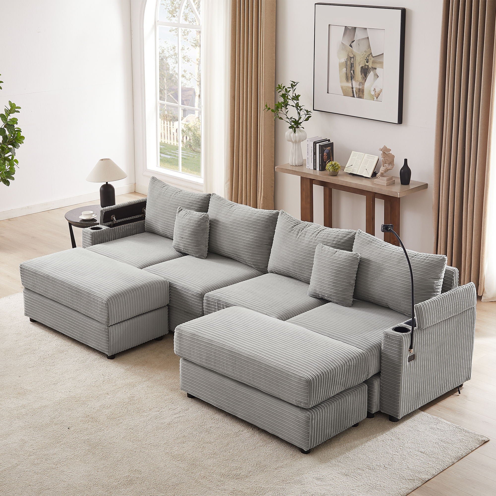 Modern Style Loveseat Sofa Sectional Sofa Couch With Storage Space, A Movable Ottoman, Two USB Ports, Two Cup Holders, A Phone Holder For Living Room - Image 19