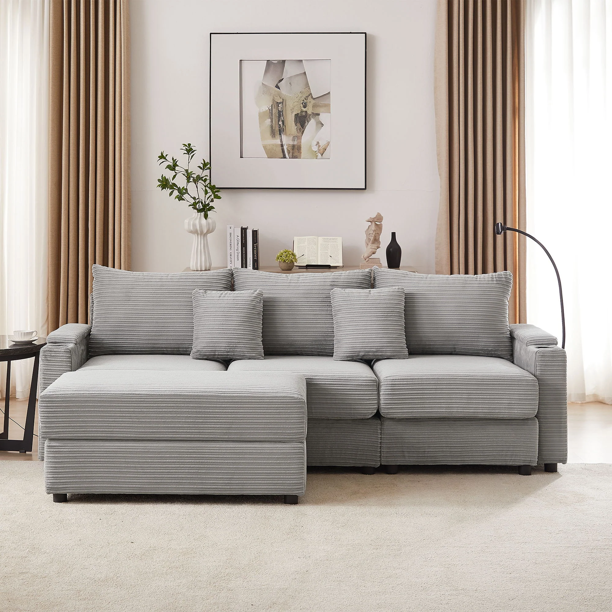 Modern Style Loveseat Sofa Sectional Sofa Couch With Storage Space, A Movable Ottoman, Two USB Ports, Two Cup Holders, A Phone Holder For Living Room - Image 21
