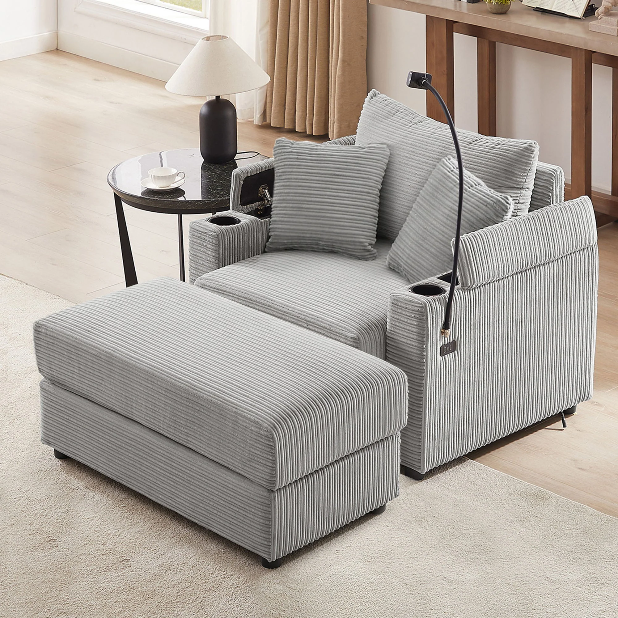Modern Style Loveseat Sofa Sectional Sofa Couch With Storage Space, A Movable Ottoman, Two USB Ports, Two Cup Holders, A Phone Holder For Living Room - Image 23