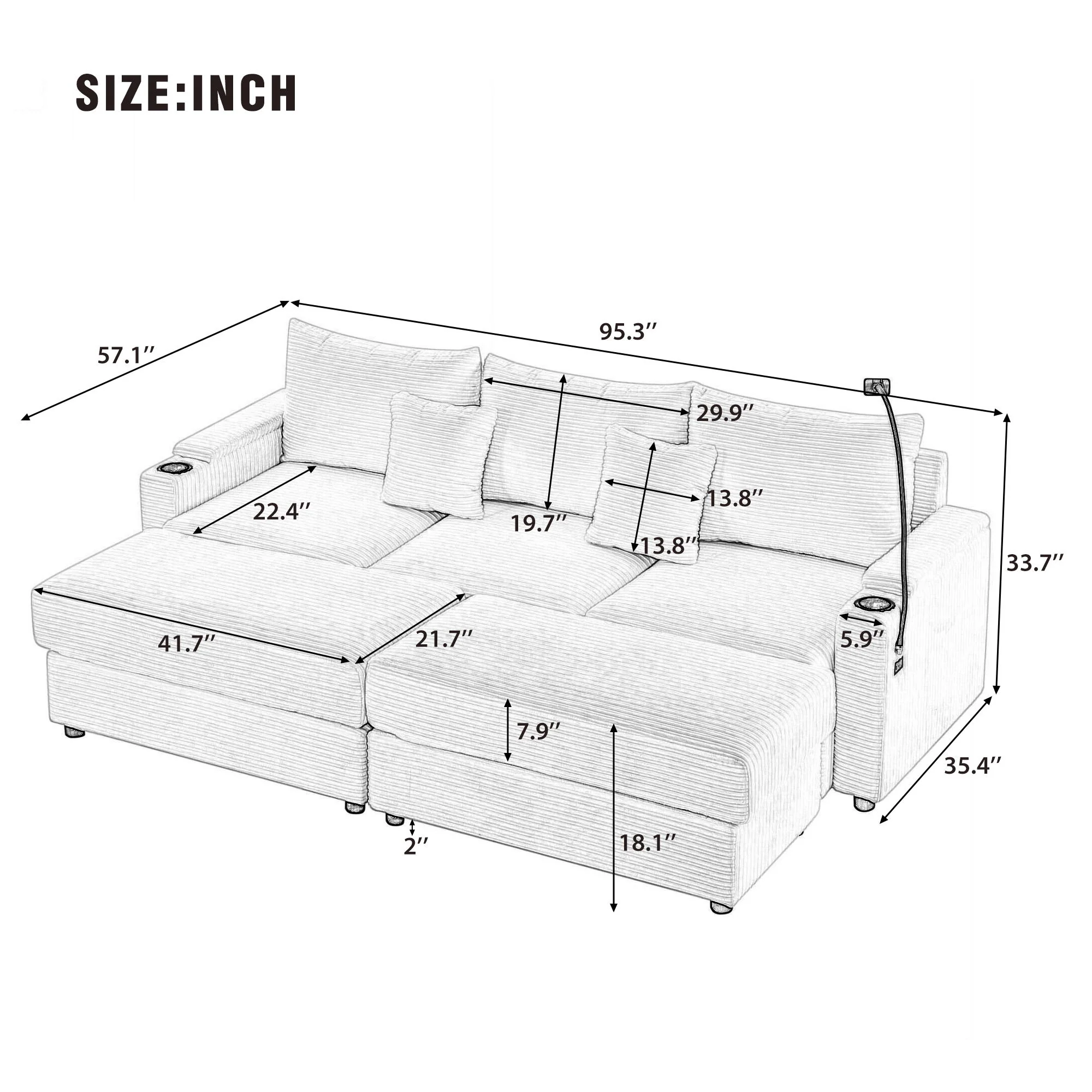 Modern Style Loveseat Sofa Sectional Sofa Couch With Storage Space, A Movable Ottoman, Two USB Ports, Two Cup Holders, A Phone Holder For Living Room - Image 27