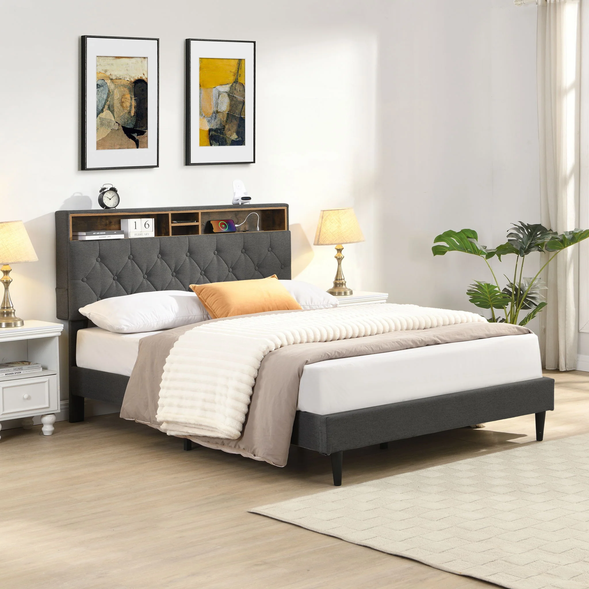 Modern Upholstered Platform Bed Frame With Button Tufted Headboard And USB Ports - Image 4