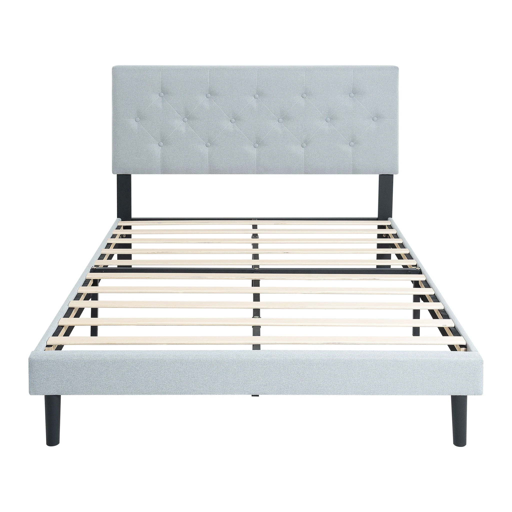 Modern Upholstered Platform Bed Frame With Button Tufted Fabric Headboard