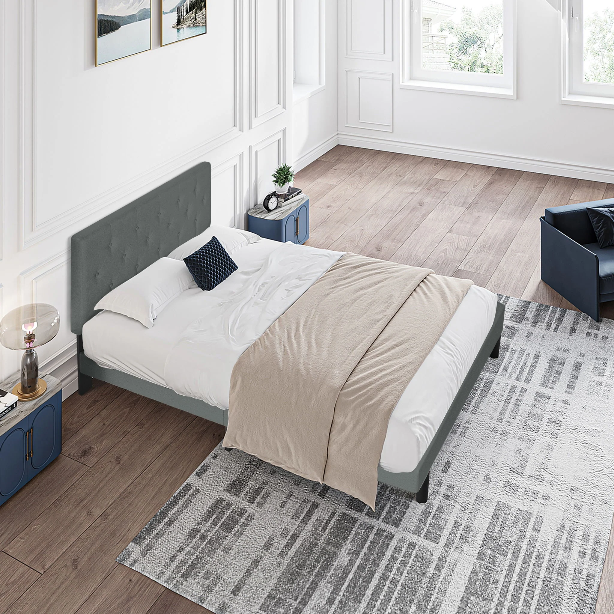 Modern Upholstered Platform Bed Frame With Button Tufted Fabric Headboard - Image 10