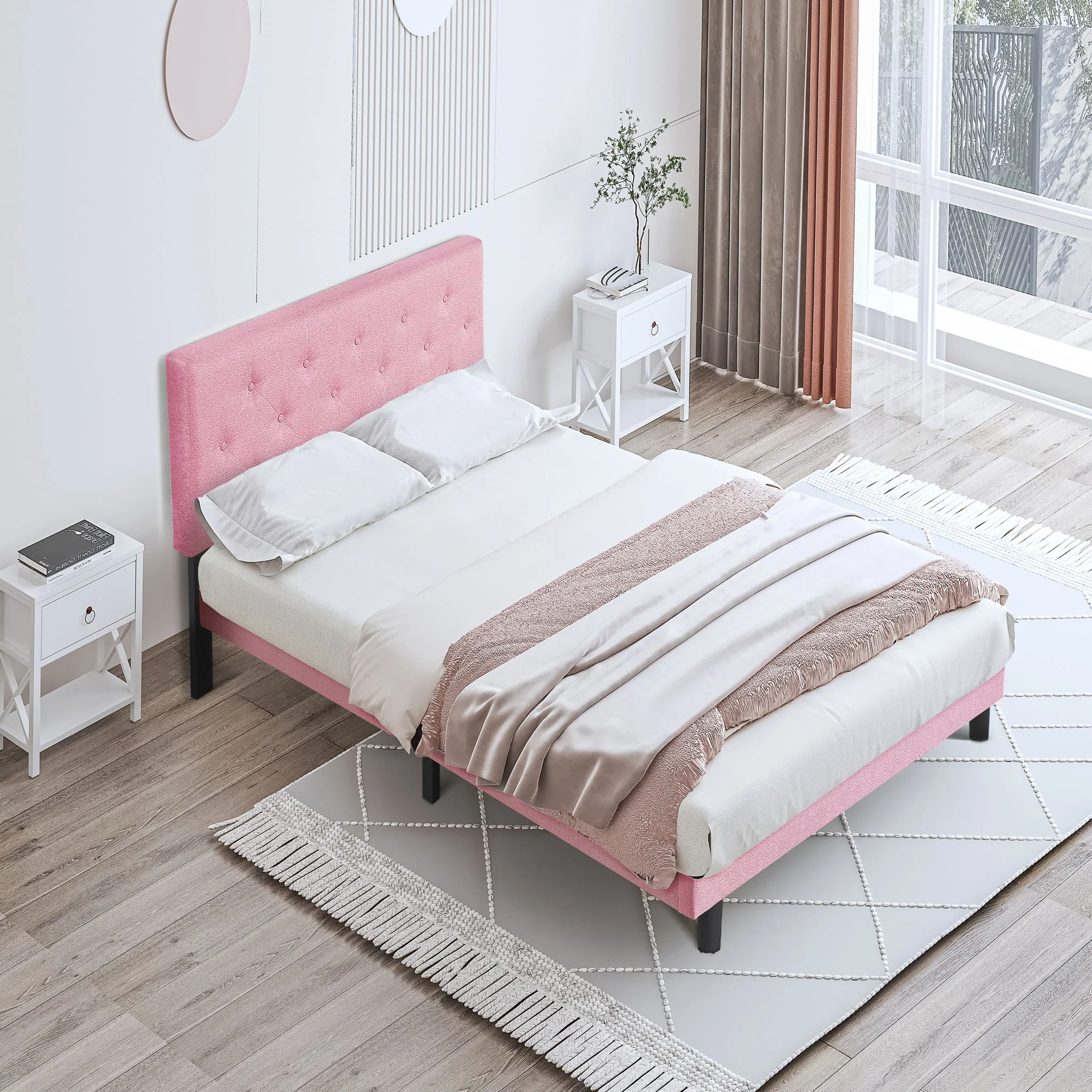 Modern Upholstered Platform Bed Frame With Button Tufted Fabric Headboard - Image 11