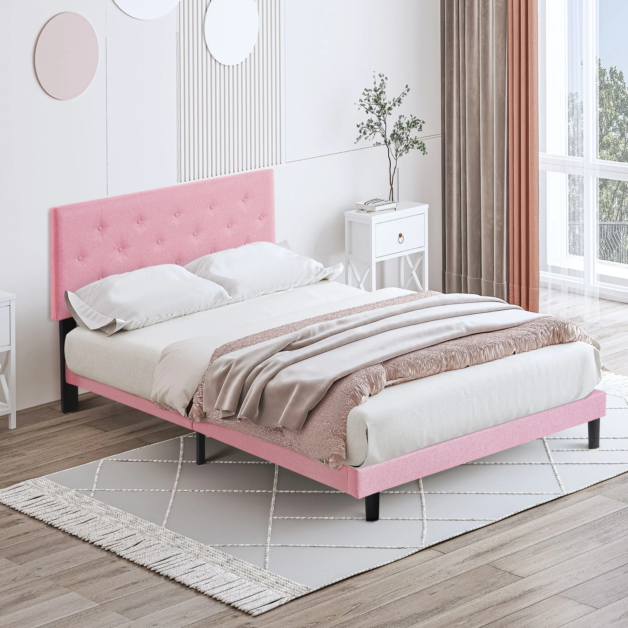 Modern Upholstered Platform Bed Frame With Button Tufted Fabric Headboard - Image 14