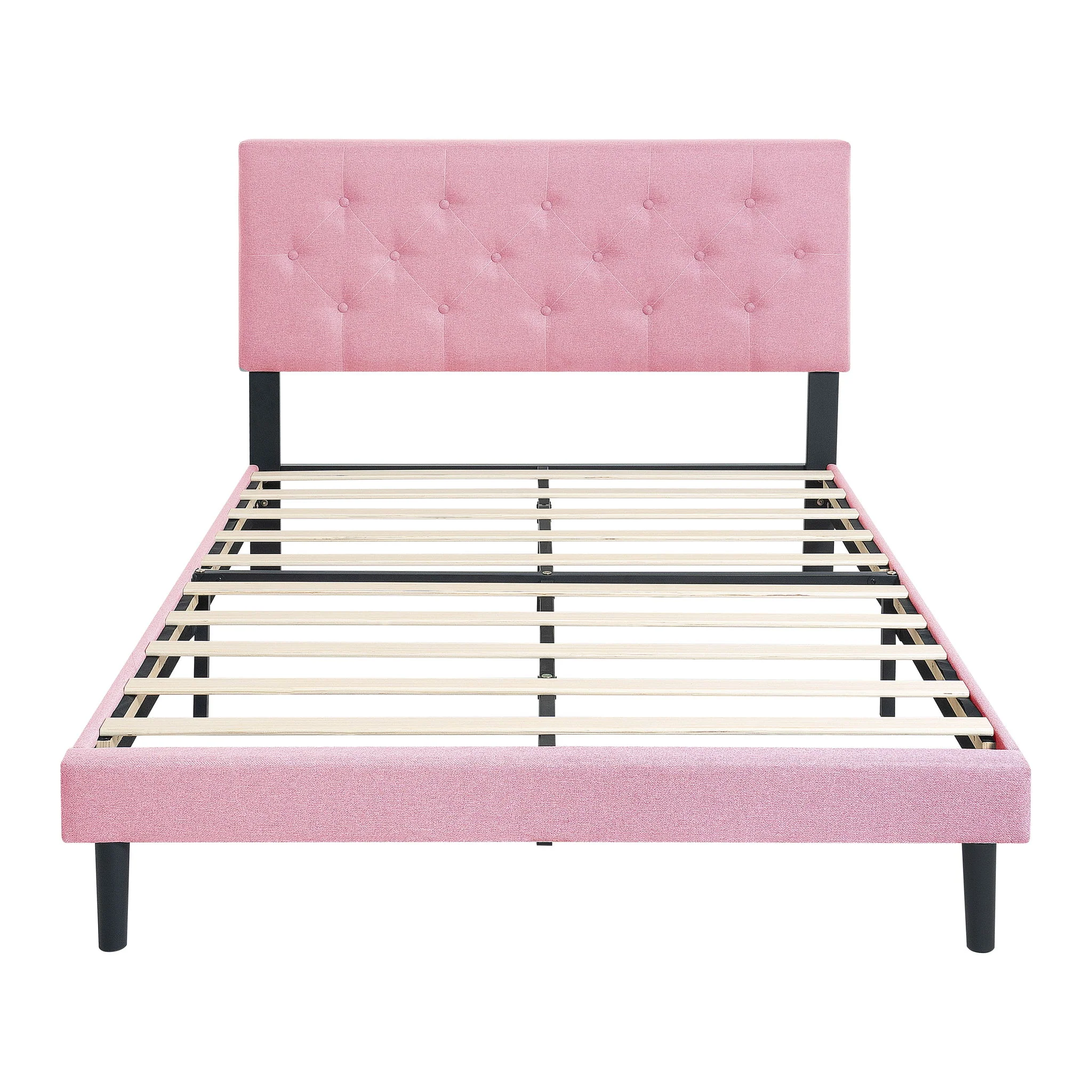 Modern Upholstered Platform Bed Frame With Button Tufted Fabric Headboard - Image 2