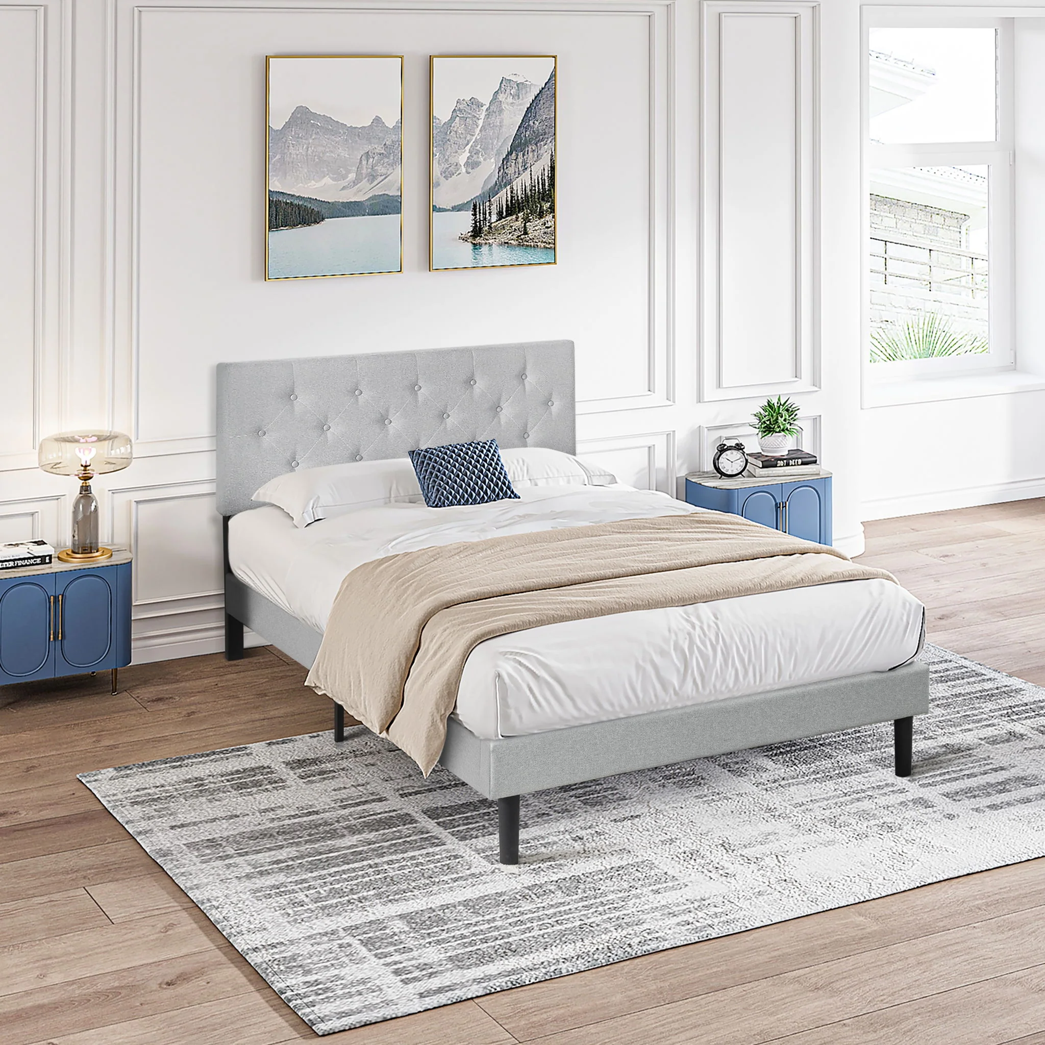 Modern Upholstered Platform Bed Frame With Button Tufted Fabric Headboard - Image 5
