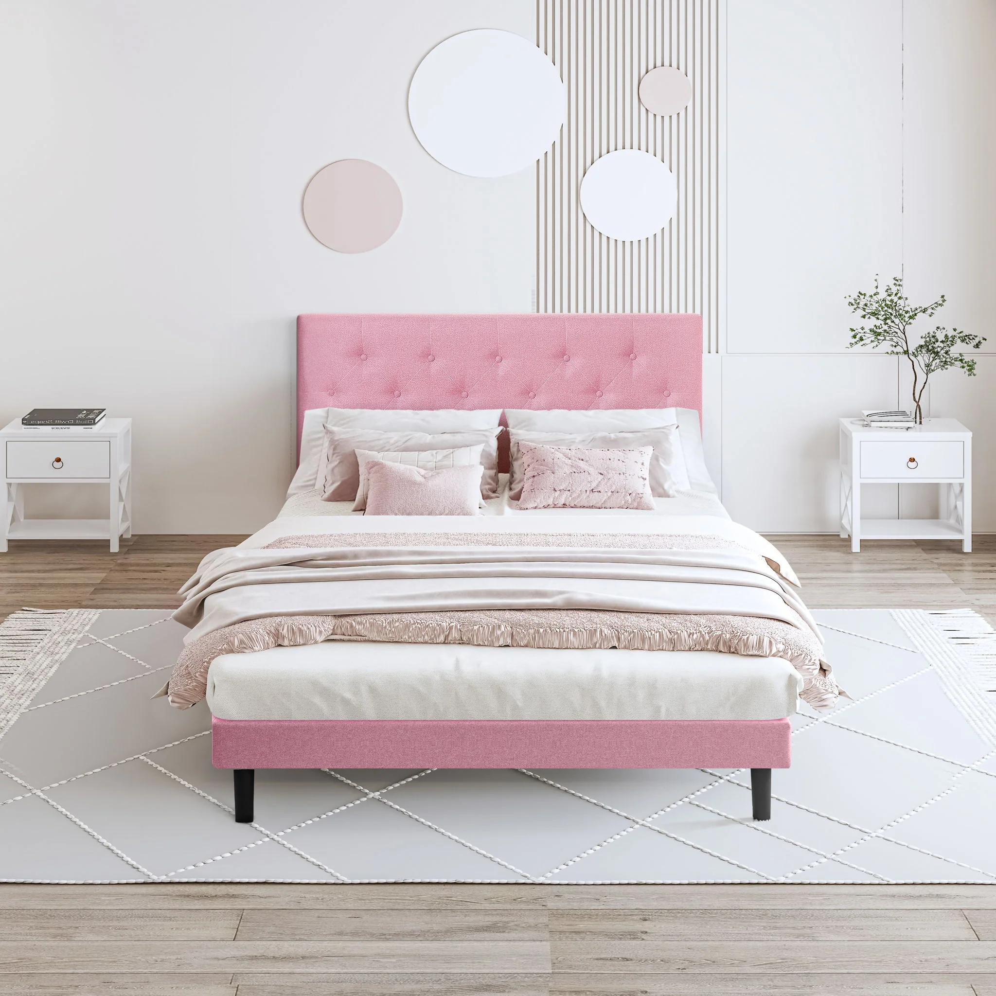 Modern Upholstered Platform Bed Frame With Button Tufted Fabric Headboard - Image 7