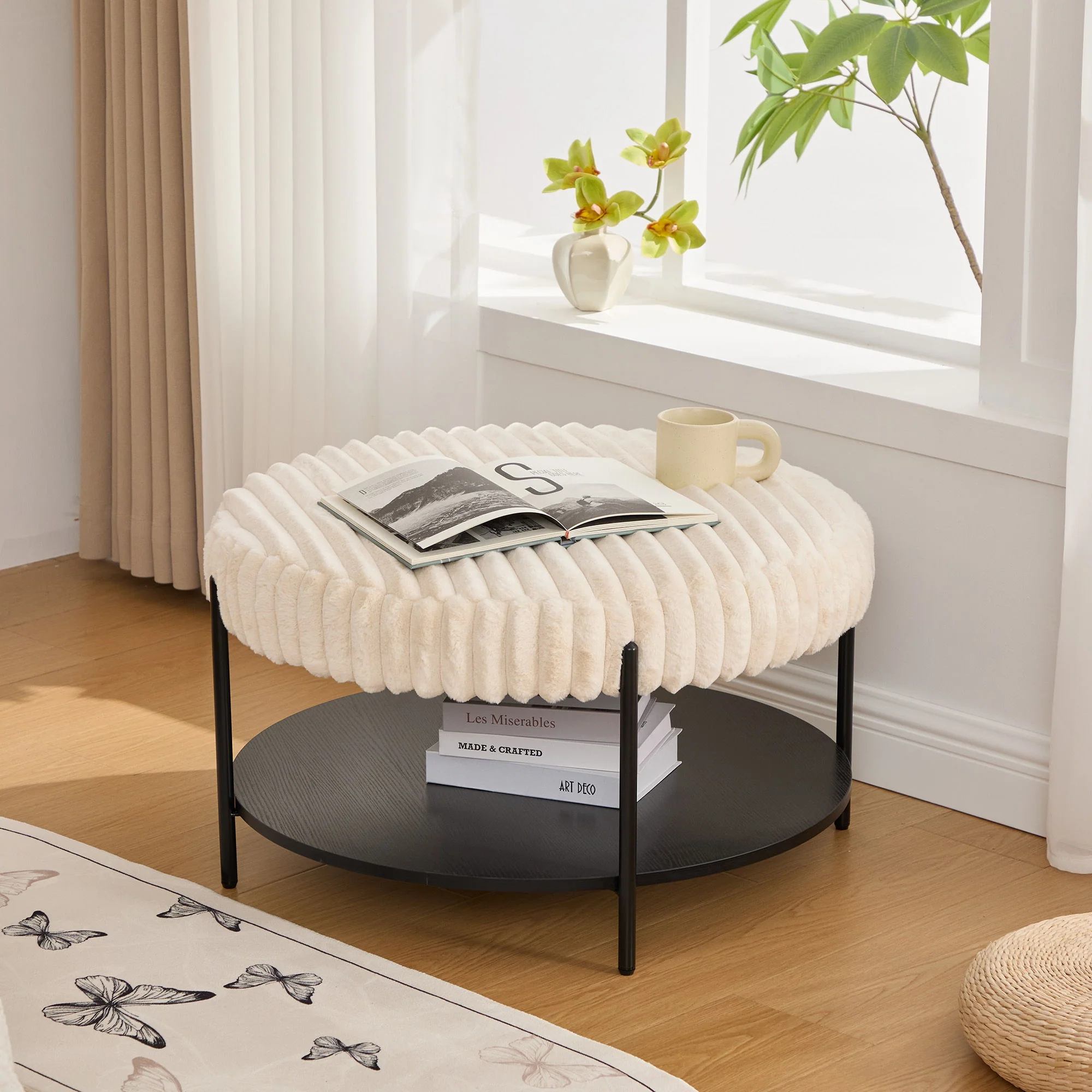 Modern Upholstered Round Ottoman Coffee Table With Storage Shelf - Image 5