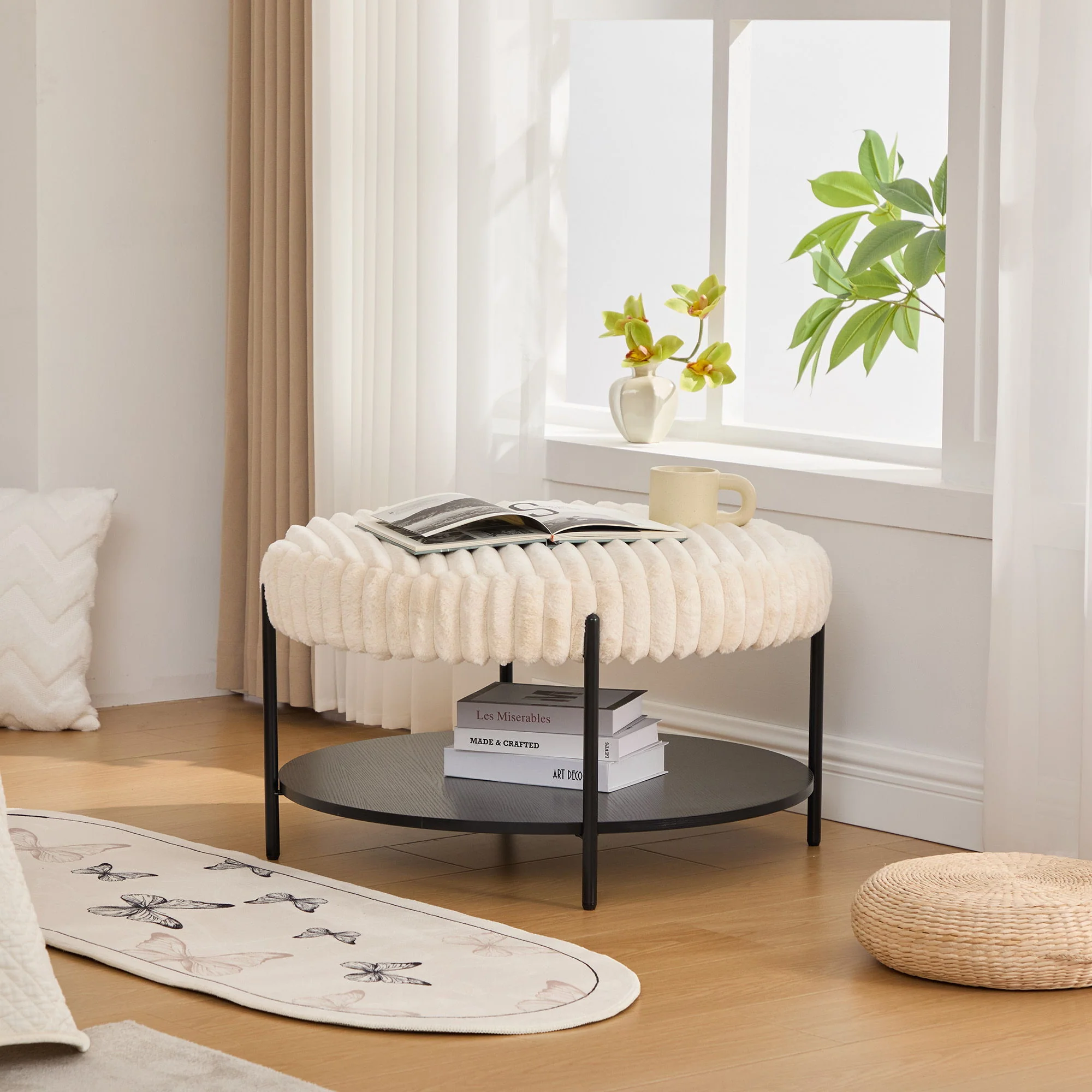 Modern Upholstered Round Ottoman Coffee Table With Storage Shelf - Image 6