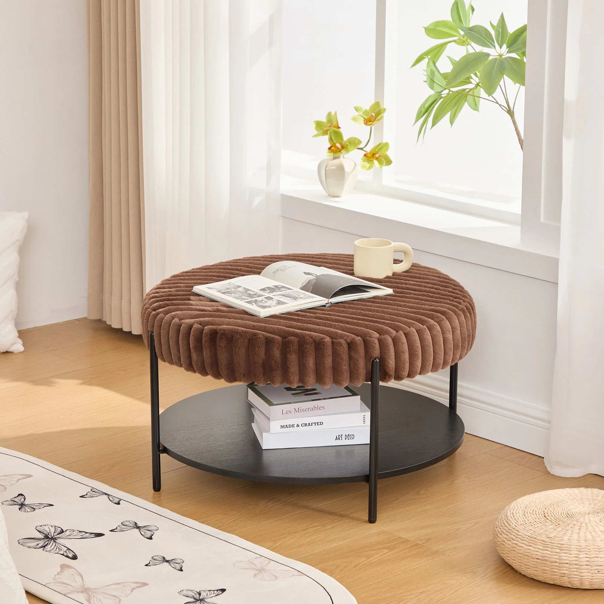 Modern Upholstered Round Ottoman Coffee Table With Storage Shelf - Image 7
