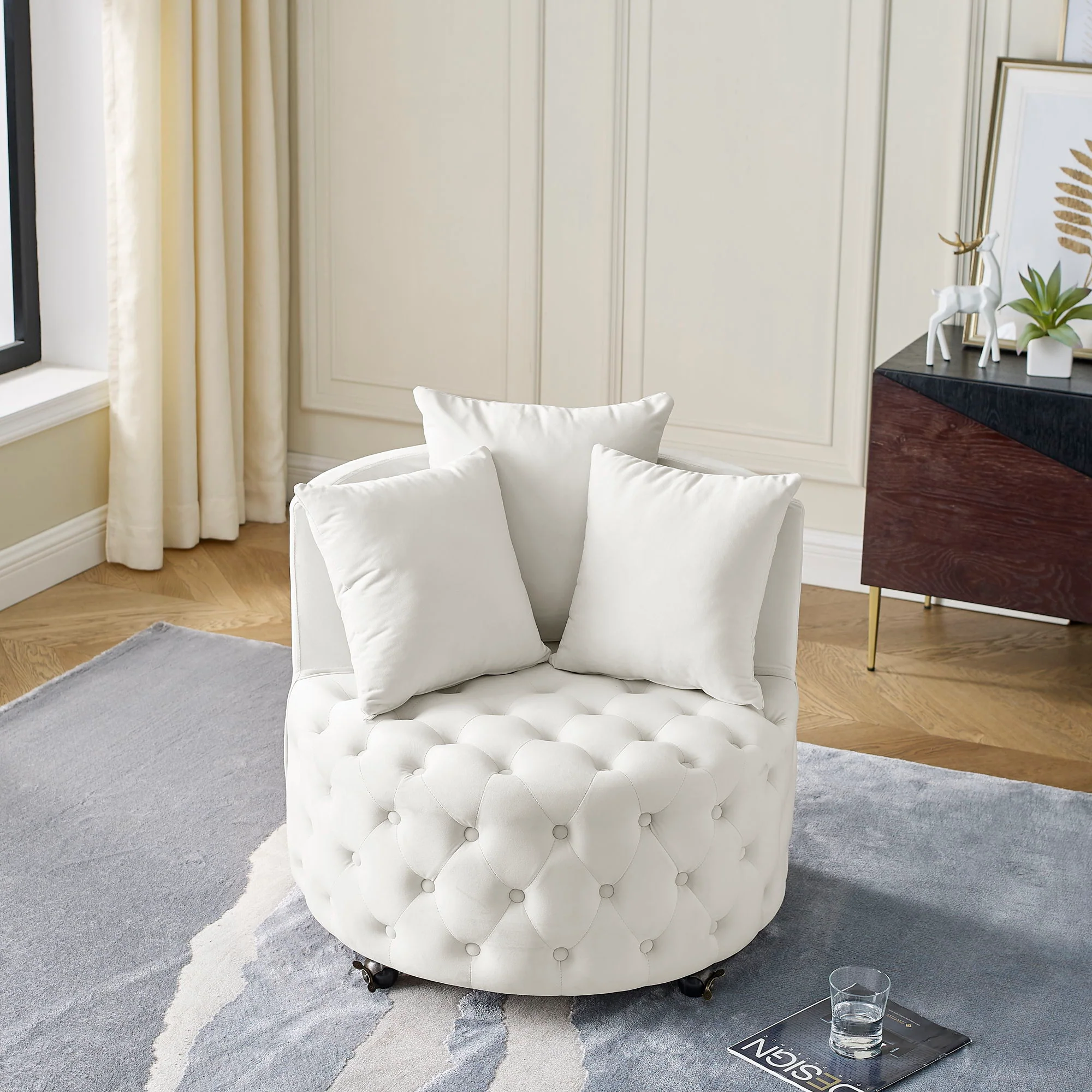Modern Upholstered Swivel Chair With Button Tufted Design And Movable Wheels - Image 15