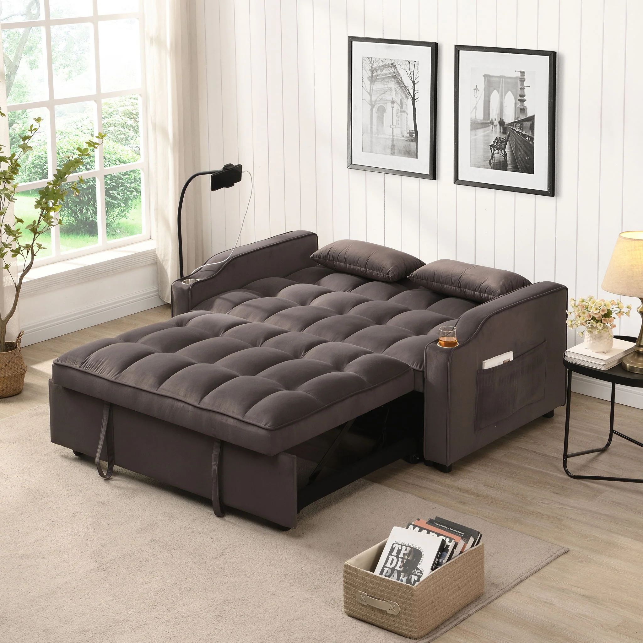 Modern Loveseat Futon Sofa With Pullout Bed, Adjustable Reclining Backrest, Toss Pillows - Image 5