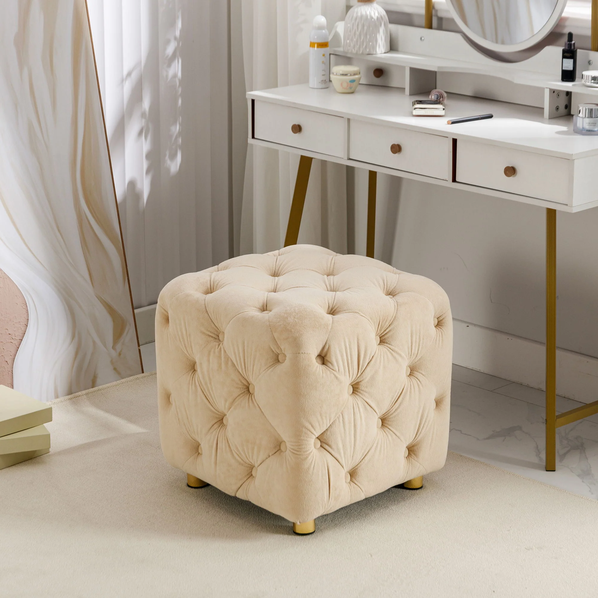 Modern Upholstered Ottoman, Exquisite Small End Table, Soft Foot Stool, Dressing Makeup Chair, Comfortable Seat For Living Room, Bedroom, Entrance - Image 9