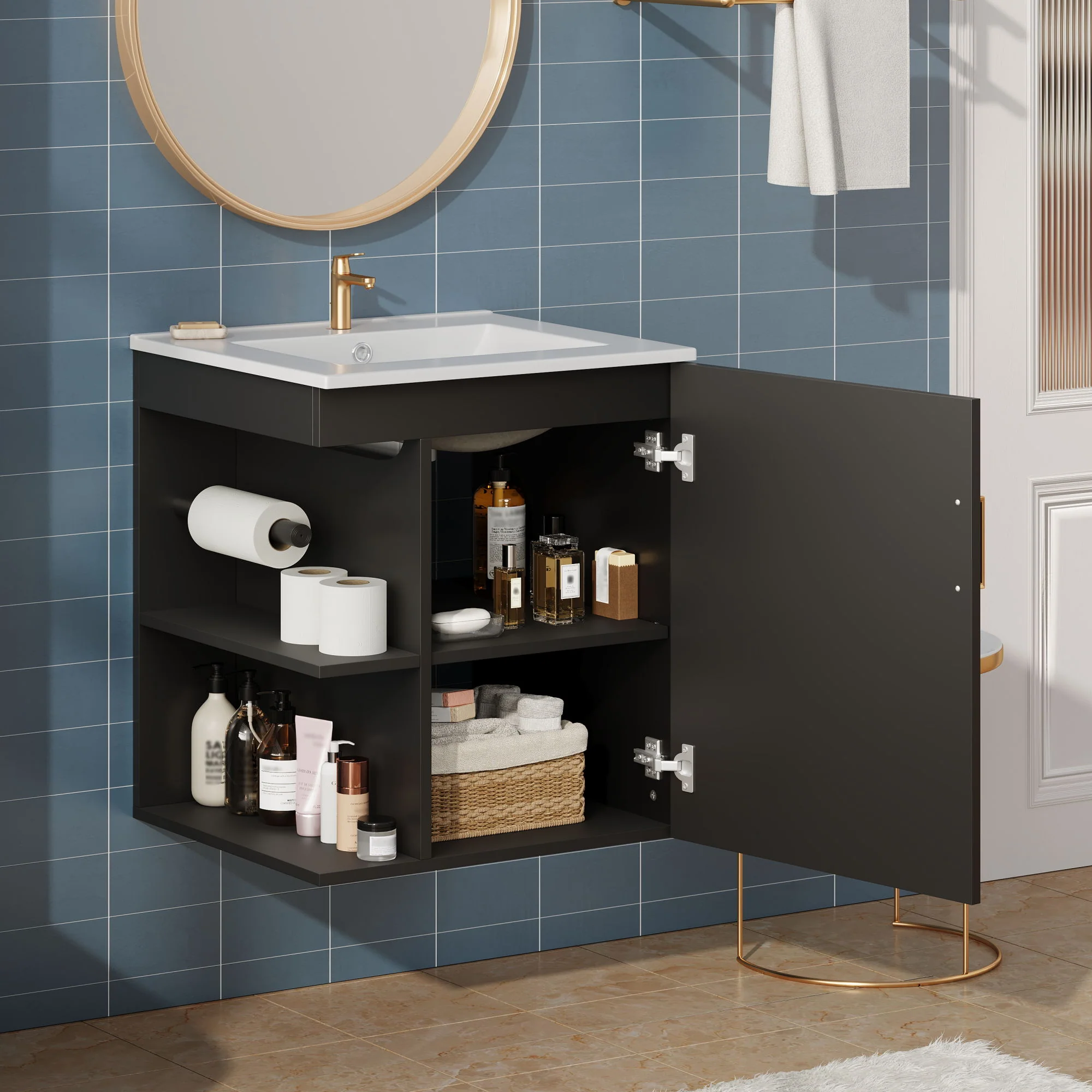 Modern Wall Mounted Bathroom Cabinet With Side Shelf And Ceramic Sink - Image 4